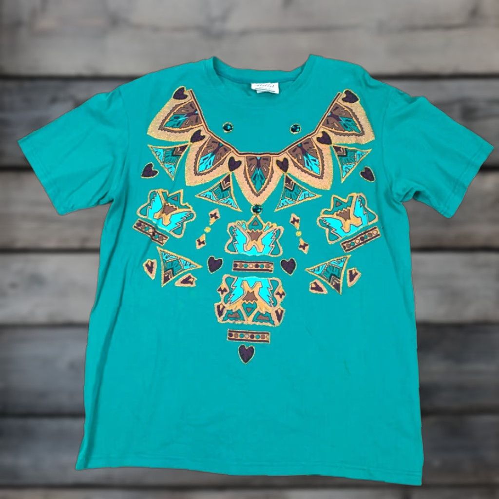 Vintage VINTAGE Ballet Southwestern Jeweled T-Shirt Adult One Size Green Geometric 90s Womens Size ONE SIZE - 1 Thumbnail