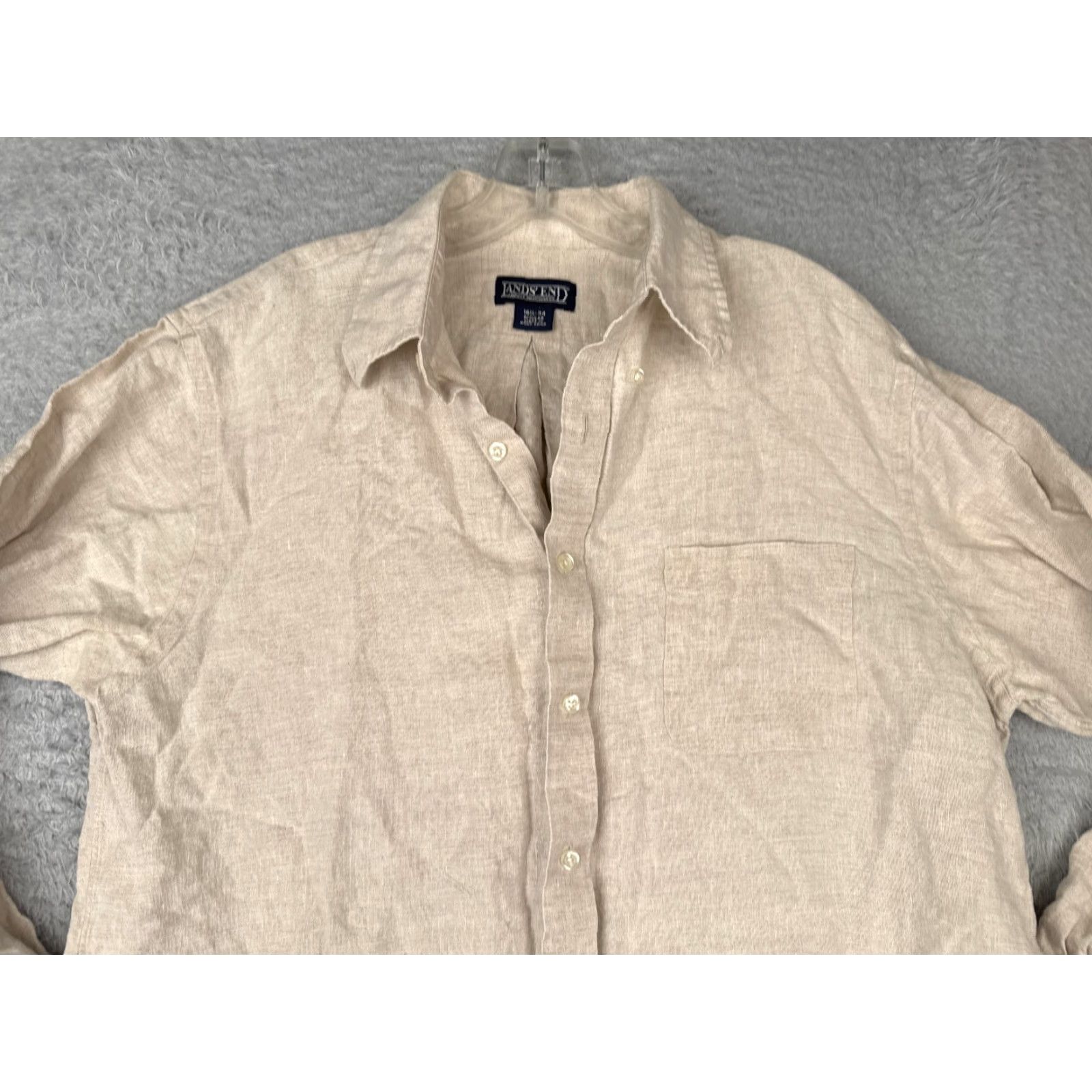 Lands' End Lands' End Mens Button-Up Shirt Beige Cotton Long Sleeve with Pockets 16.5-34 Size Regular Slimming Pocketed Casual Workwear Size US XL / EU 56 / 4 - 4 Thumbnail