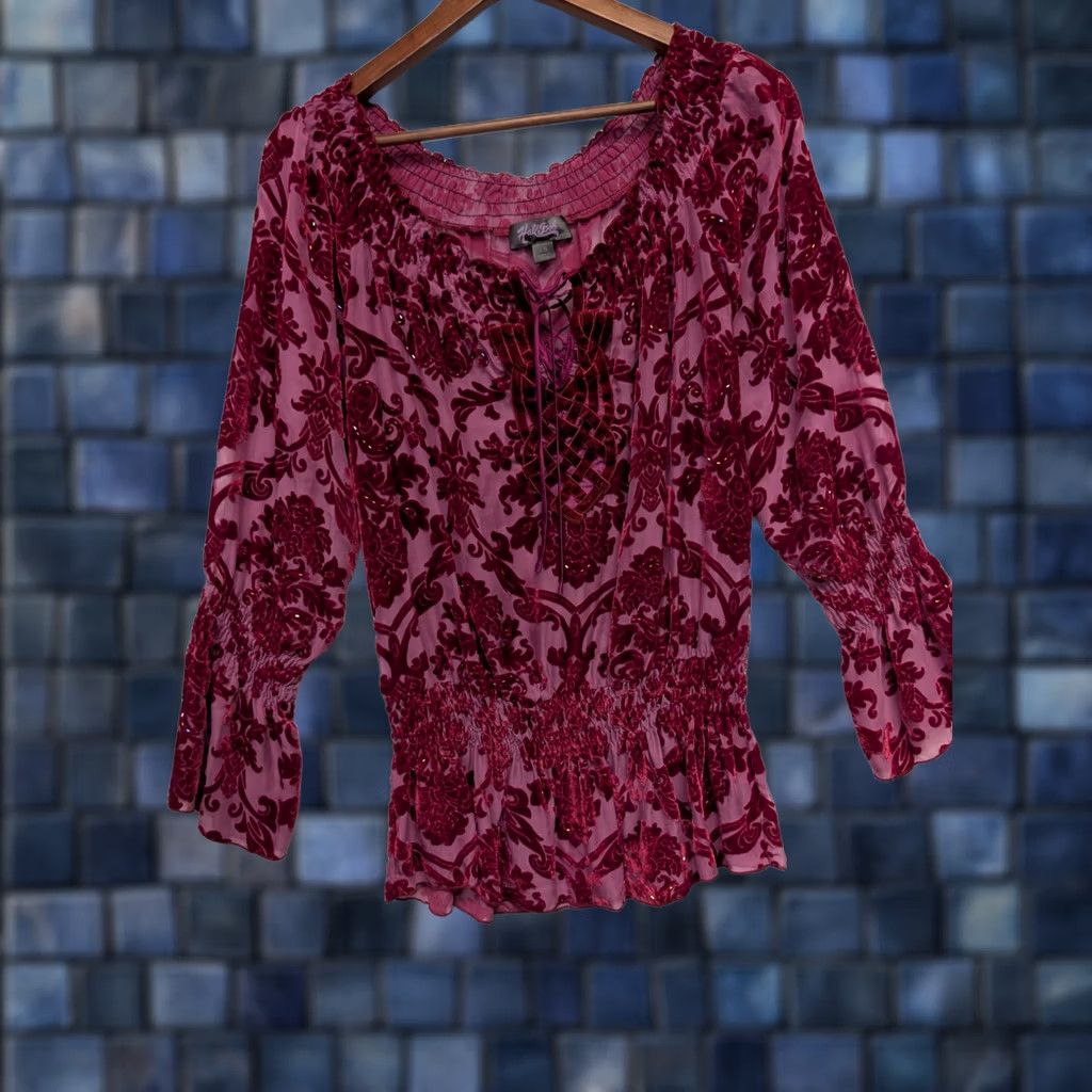 Vintage Hale Bob Blouse Silk Blend V-Neck Burn Out Velvet Red Floral XS Women Long Sleeve Tunic Party/Cocktail Size S / US 4 / IT 40 - 1 Thumbnail