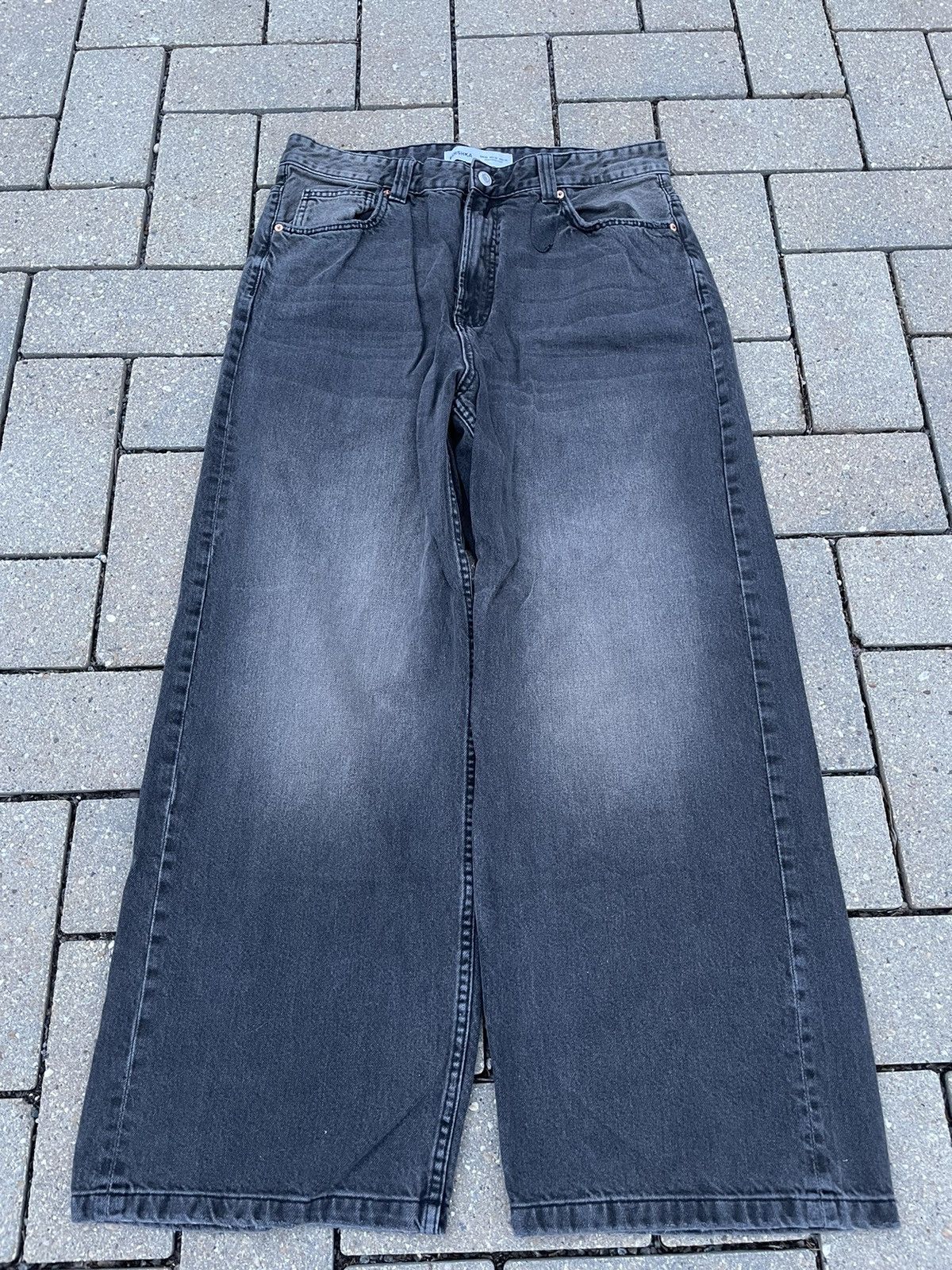 image of Bershka Baggy Brown Faded Black Jeans, Men's (Size 36)