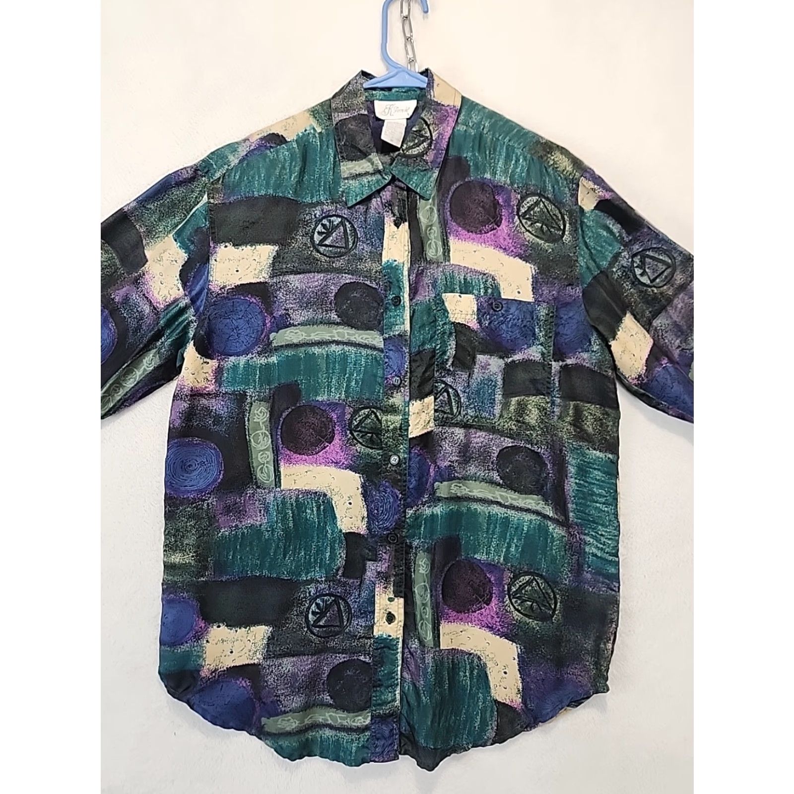 Vintage K. Arnold 100% Silk Women's M Blouse Purple Tan Graphic 80's Print Shoulder Pad Shirt Womens M Purple Tan Graphic 80s Silk Blouse Size M / US 6-8 / IT 42-44 - 3 Thumbnail