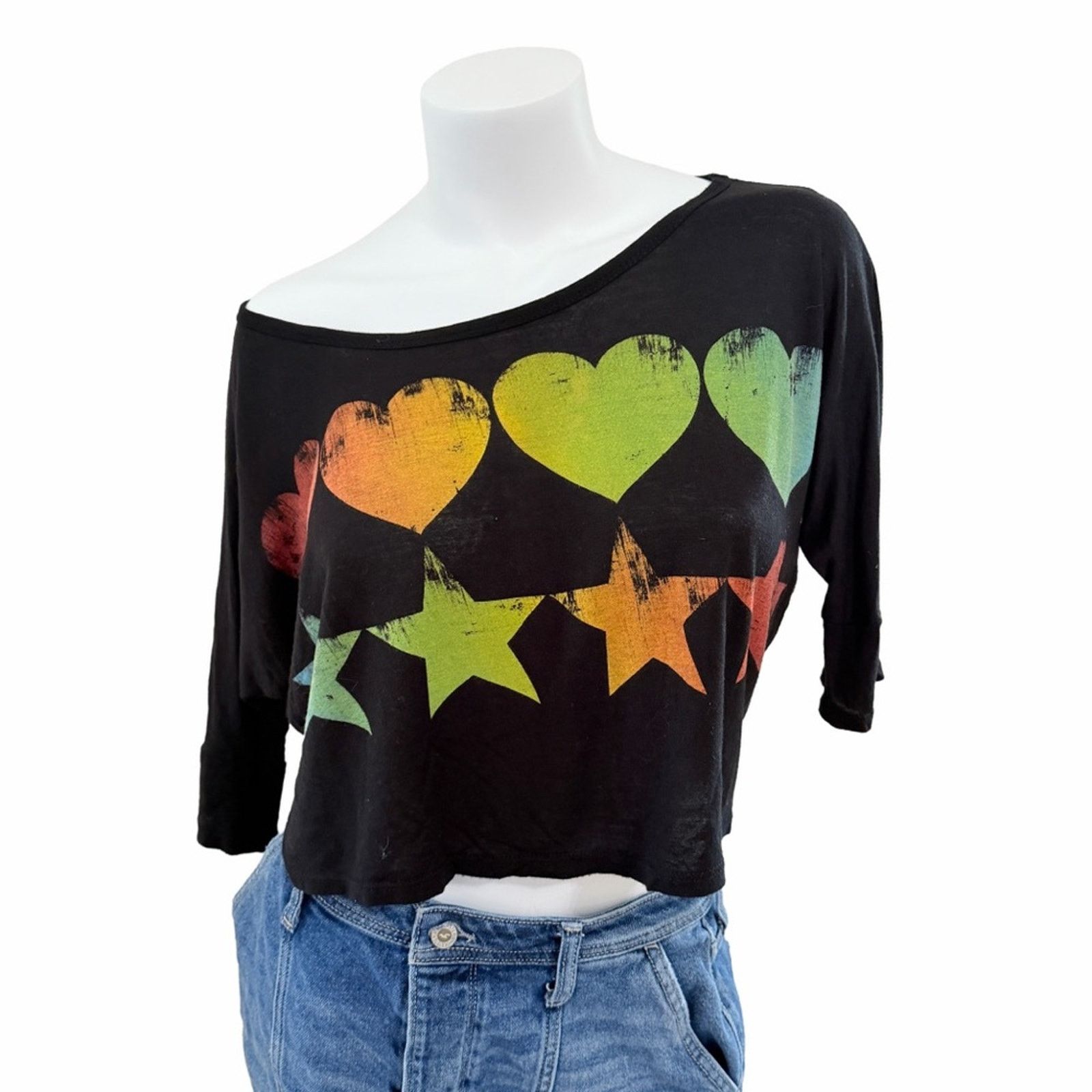 Other Umgee Rainbow hearts Graphic Tee Black Crop Top Off Shoulder Size S / US 4 / IT 40 - 1 Thumbnail