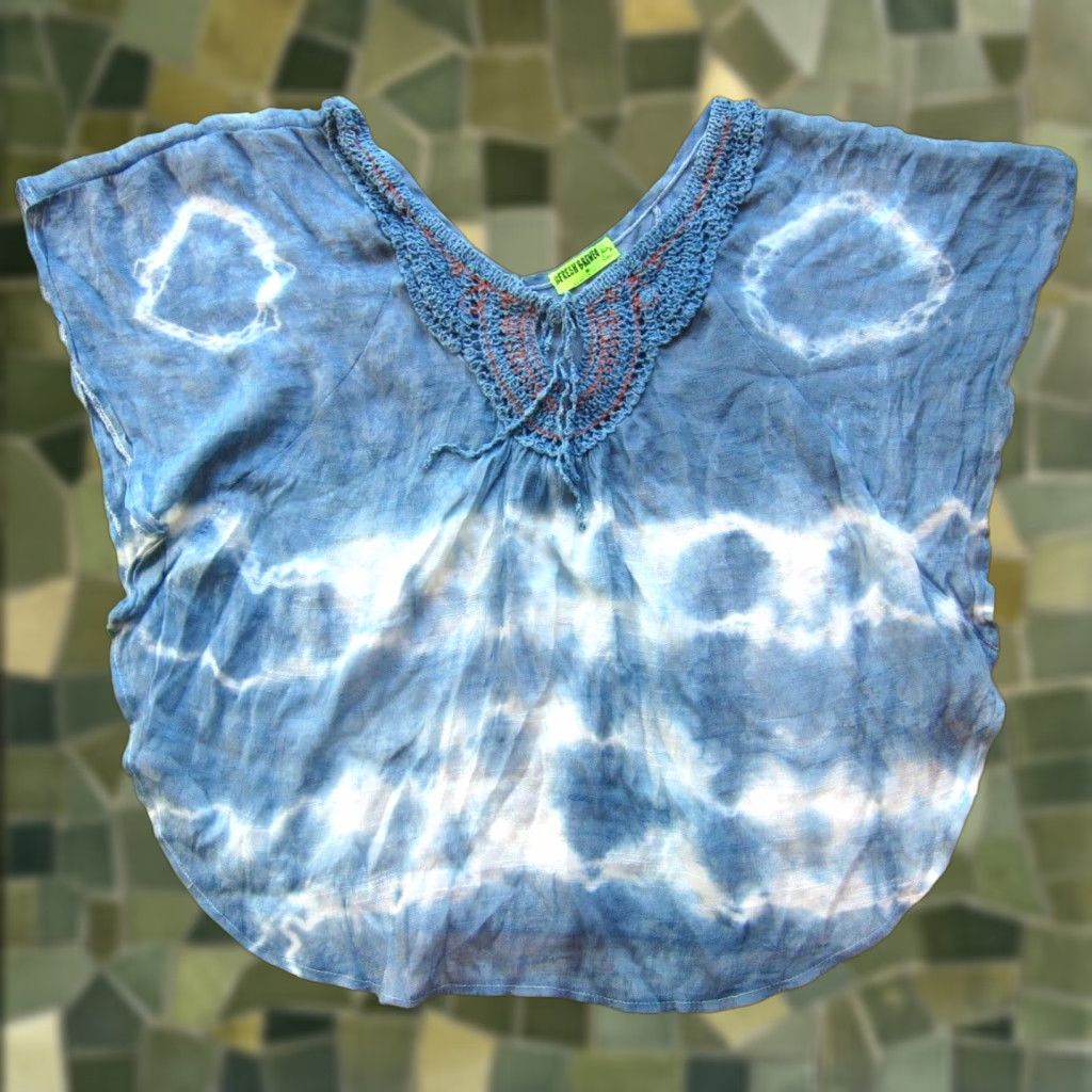 Vintage Fresh Brewed Rayon Blue White Tie Dye Knit V-Neck Tunic Peasant Blouse Medium Size S / US 4 / IT 40 - 1 Thumbnail
