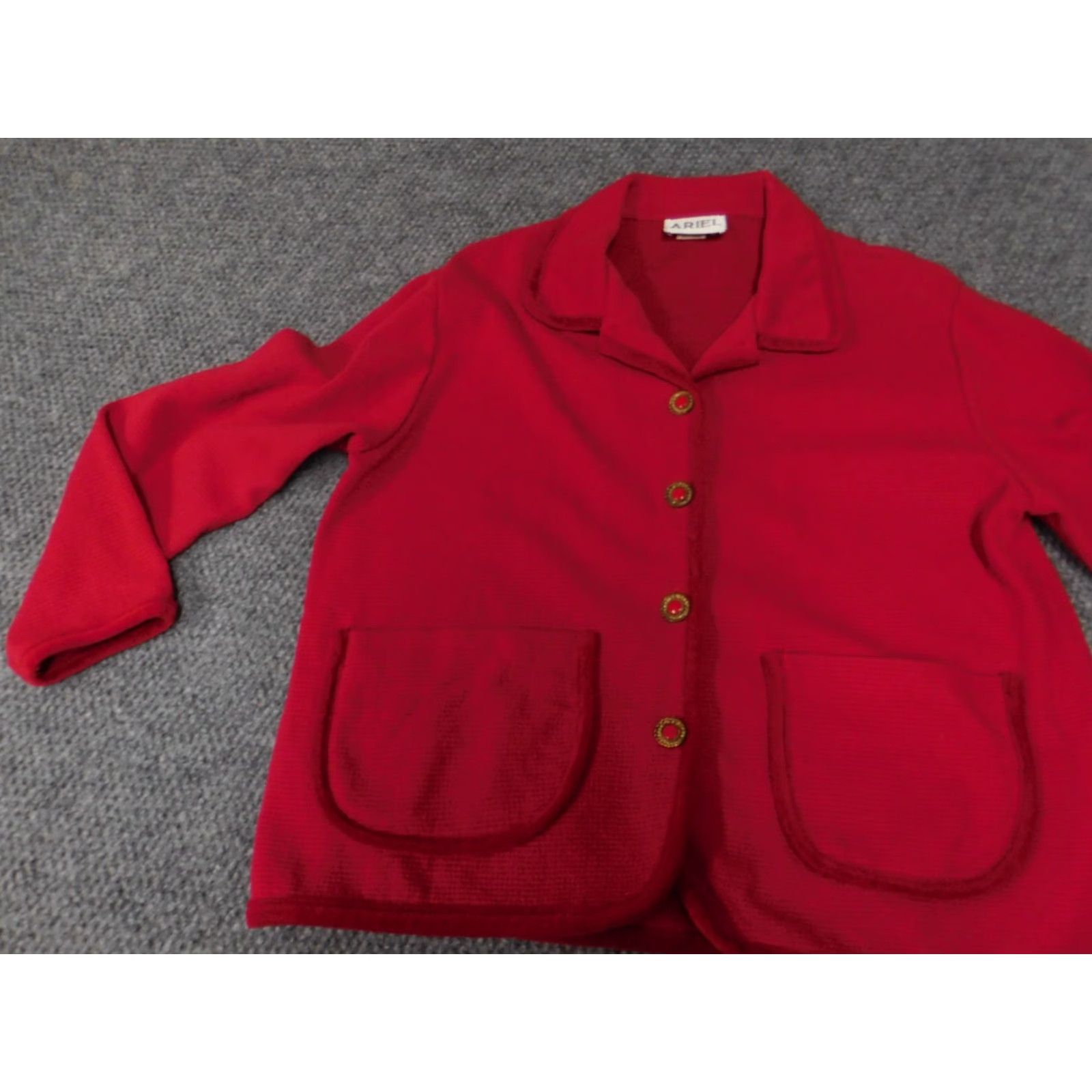 Vintage Ariel Jacket Womens Medium Red Button Down Cotton Knit with Pockets Embroidered Collared Basic Jacket Size M / US 6-8 / IT 42-44 - 3 Thumbnail