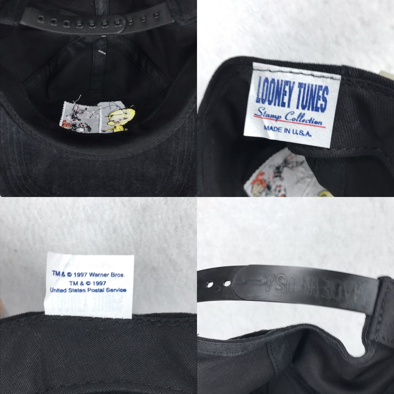 Vintage VINTAGE Warner Bros. Snapback Hat 1997 Looney Tunes Tweety & Bugs Bunny Adjustable Black Unisex Adults 90s 80s Cartoon Stamp Size ONE SIZE - 8 Thumbnail