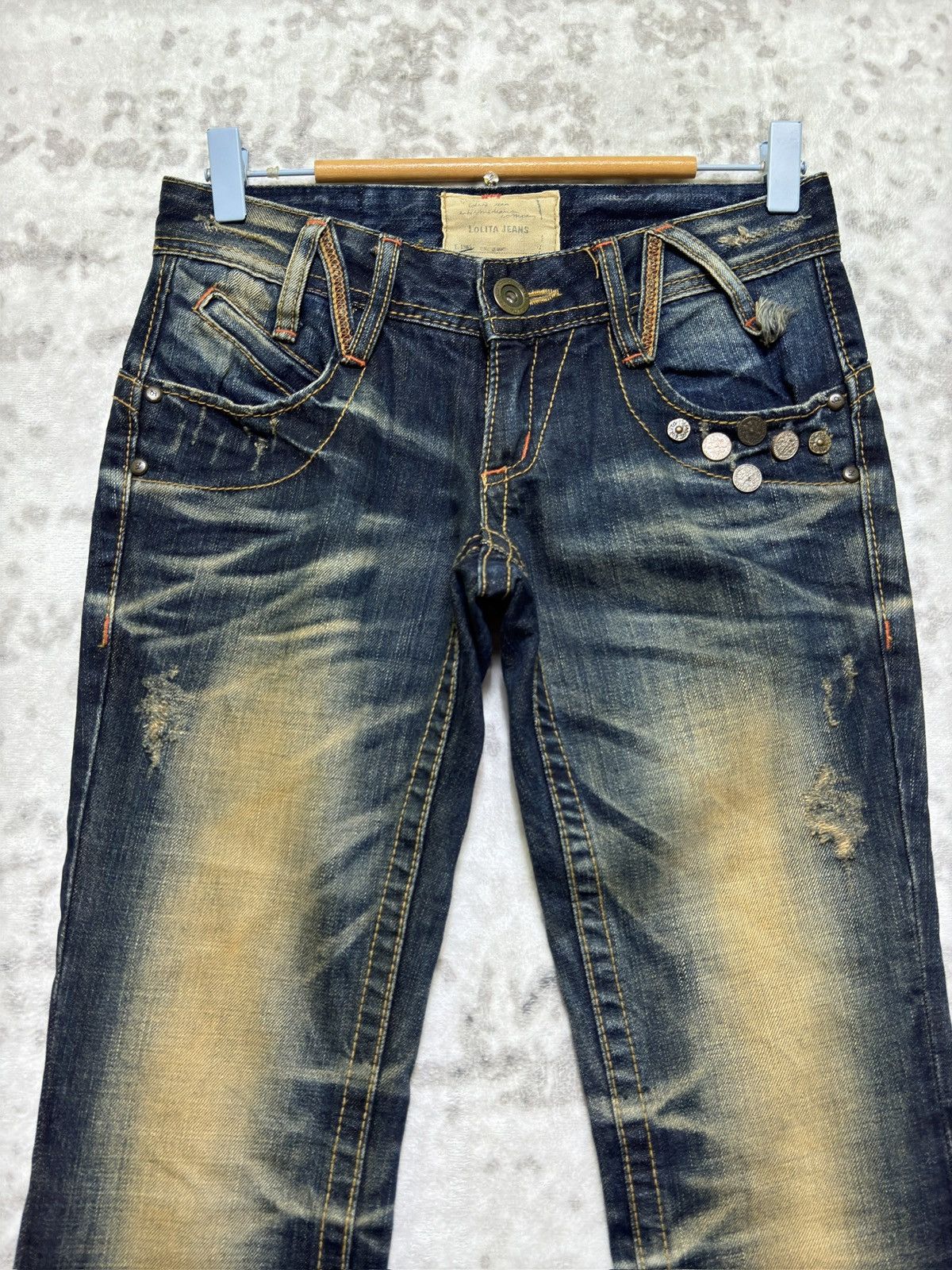 Japanese Brand Flared Lolita Jeans Muddy Wash Claw Mark Distressed Denim Size US 27 - 3 Thumbnail