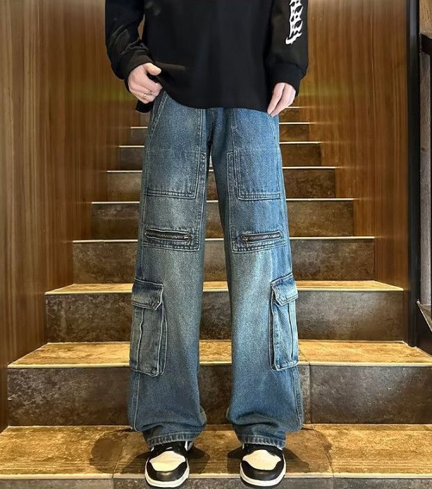 American retro men's loose washed work jeans