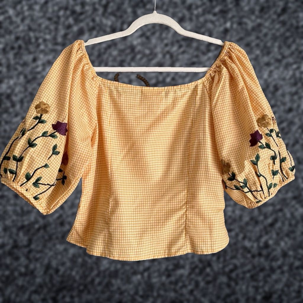 Anthropologie Anthropologie Samant Chauhan Amabella Floral Embroidered Blouse Top M Yellow Puff Sleeve Women Shirt Size M / US 6-8 / IT 42-44 - 1 Thumbnail