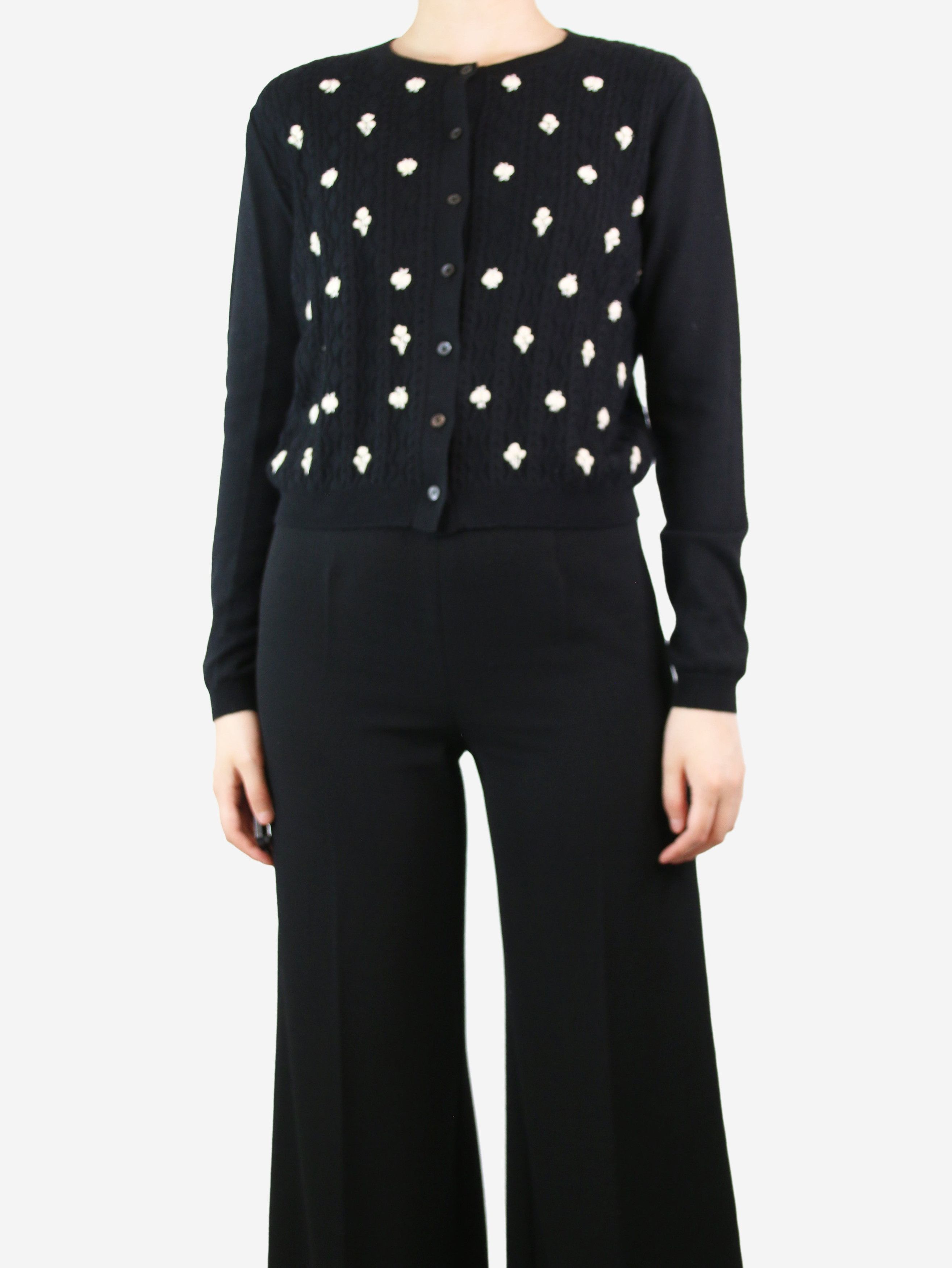 image of Miu Miu Black Floral Embroidered Cable-Knit Cardigan - Size Uk 10, Women's