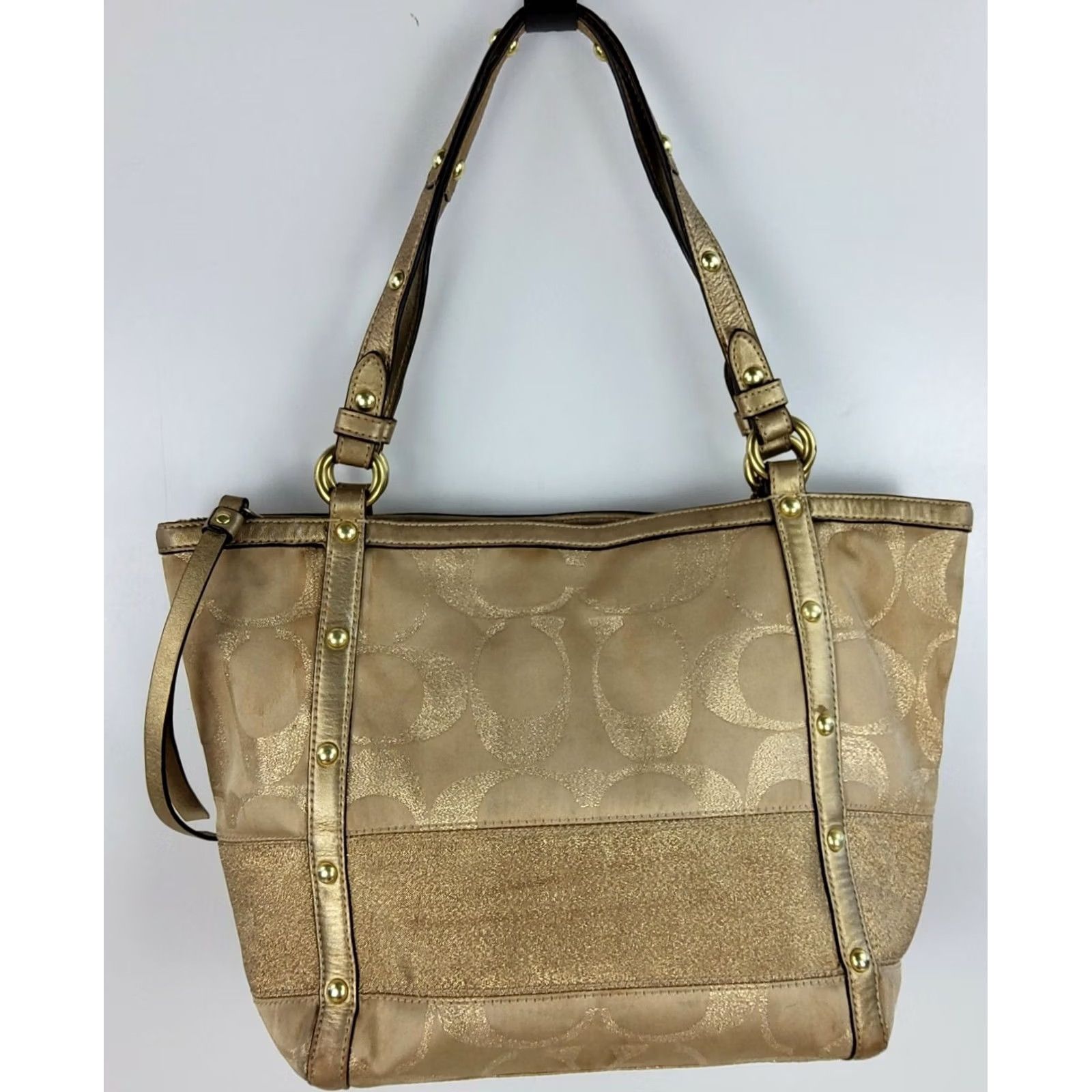 Coach Coach Signature Stripe Studded Lurex Tote Gold 12905 Shoulder Handbag Purse, Medium, Women, Tote, Gold, Striped, Bag Charm Size ONE SIZE - 3 Thumbnail