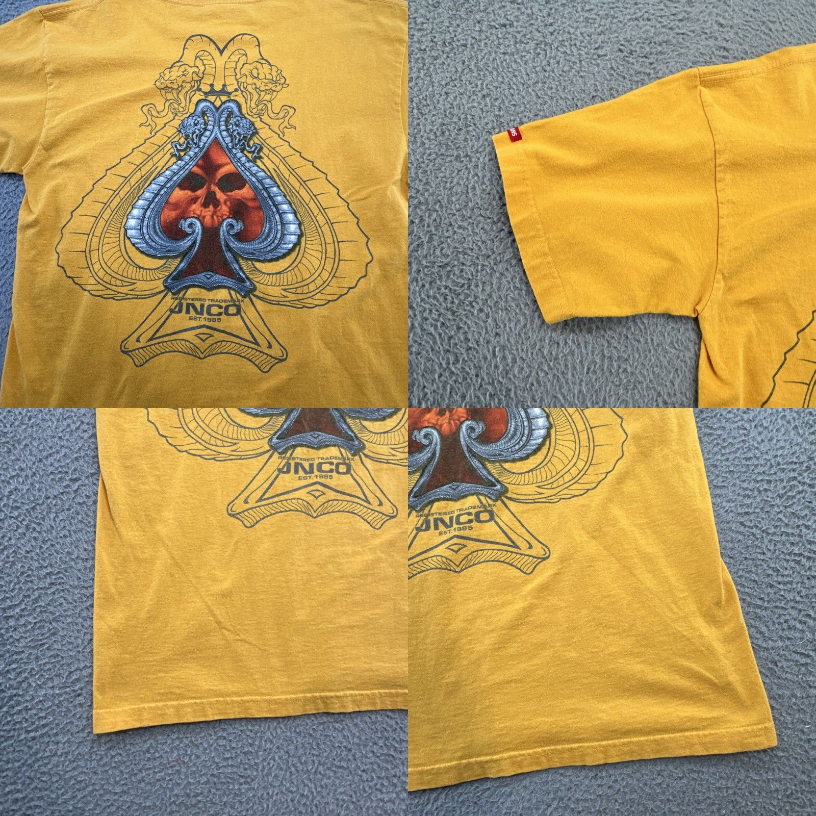 Vintage Vintage USA JNCO Shirt Men's Large Yellow Short Sleeve Spade Snakes Skull Double sided Size US 33 - 9 Thumbnail