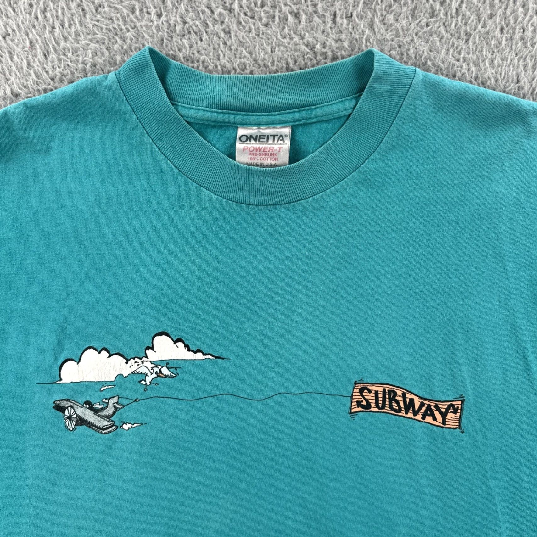Vintage VINTAGE Oneita Mens XL Green Single Stitch Shirt USA 90s Subway Sandwiches Promo Crew Neck Short Sleeve Mens Shirt Blue/Green 90s Theme Size US XL / EU 56 / 4 - 6 Thumbnail