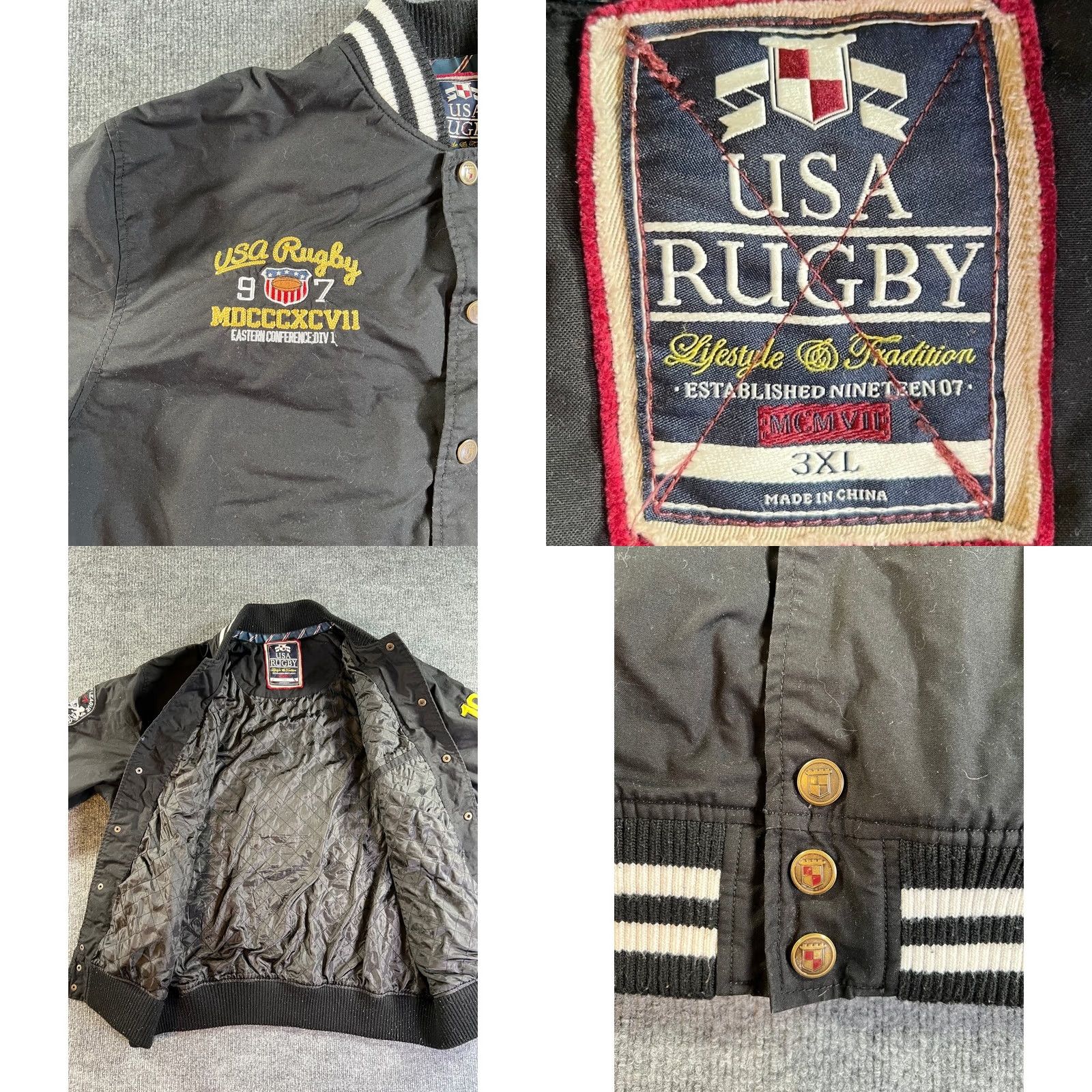 Vintage USA Rugby Varsity Bomber Jacket Mens 3XL Black Patchwork Snap Front Collegiate Size US XXL / EU 58 / 5 - 8 Thumbnail