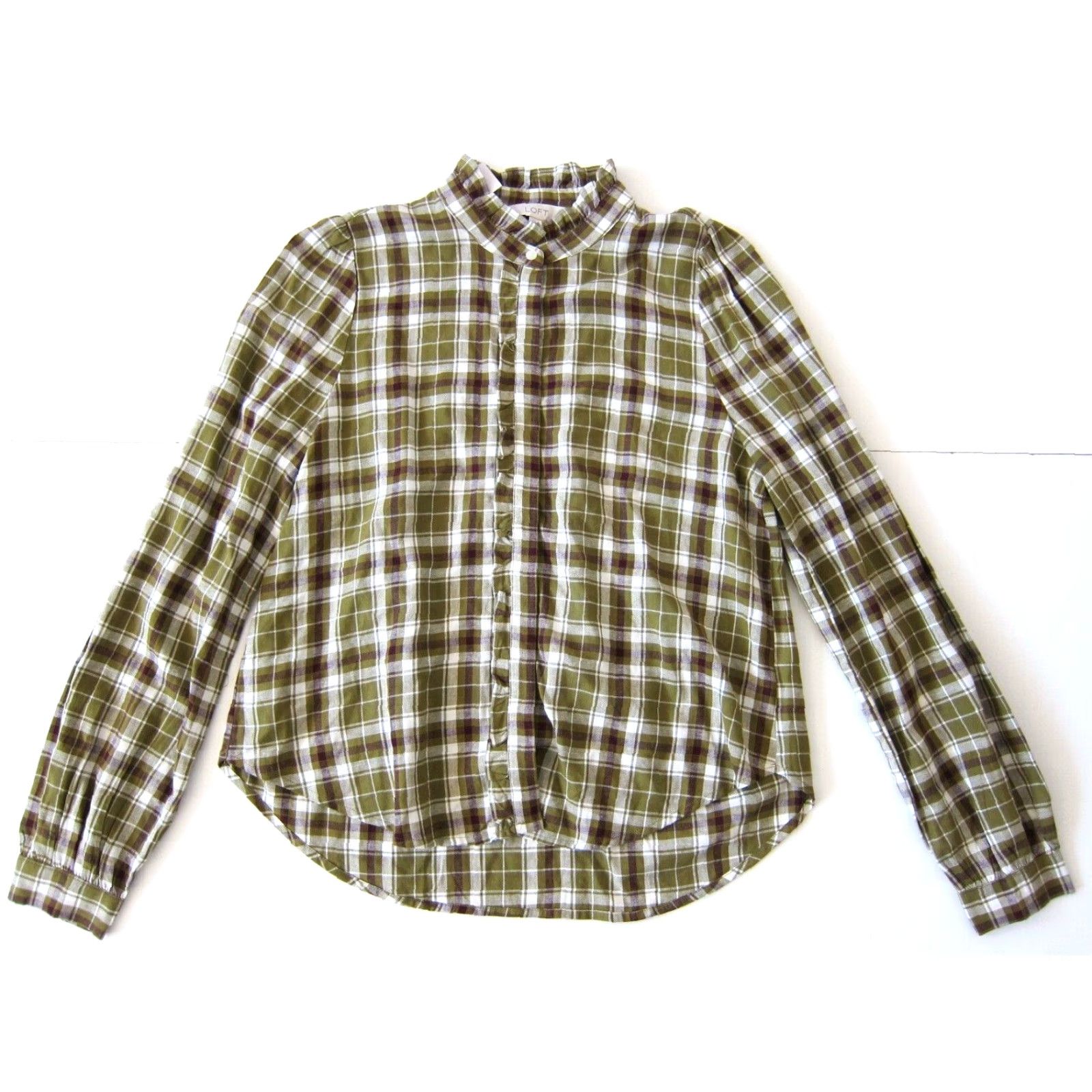 Ann Taylor NWT Ann Taylor Loft Blouse Shirt Button Long Sleeve Collared Plaid Ruffle XS Green Women Proudly Made in Indonesia Size XS / US 0-2 / IT 36-38 - 8 Thumbnail