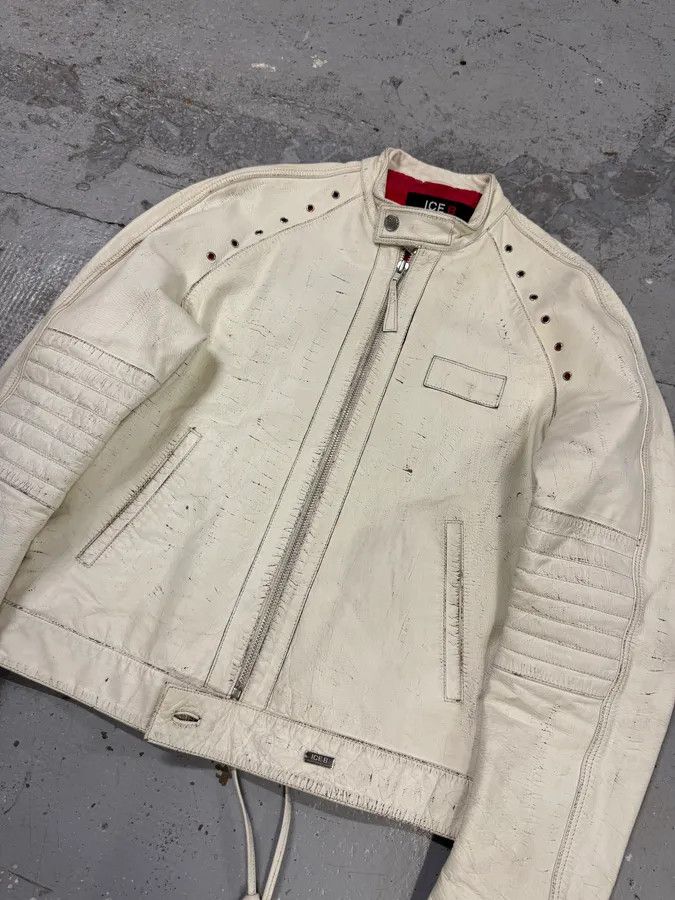 2000s Iceberg White Painted Leather Biker Jacket