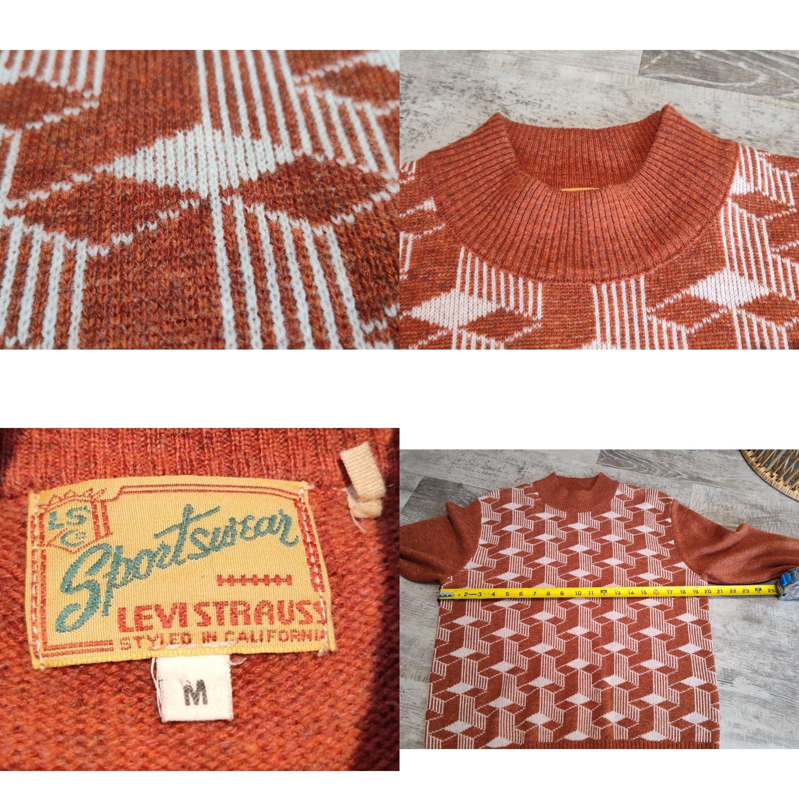 Levi's VINTAGE Levi's Wool Geometric Mens Mock Neck Sweater Regular Medium Orange Casual Winter Fall Spring Size US M / EU 48-50 / 2 - 8 Thumbnail