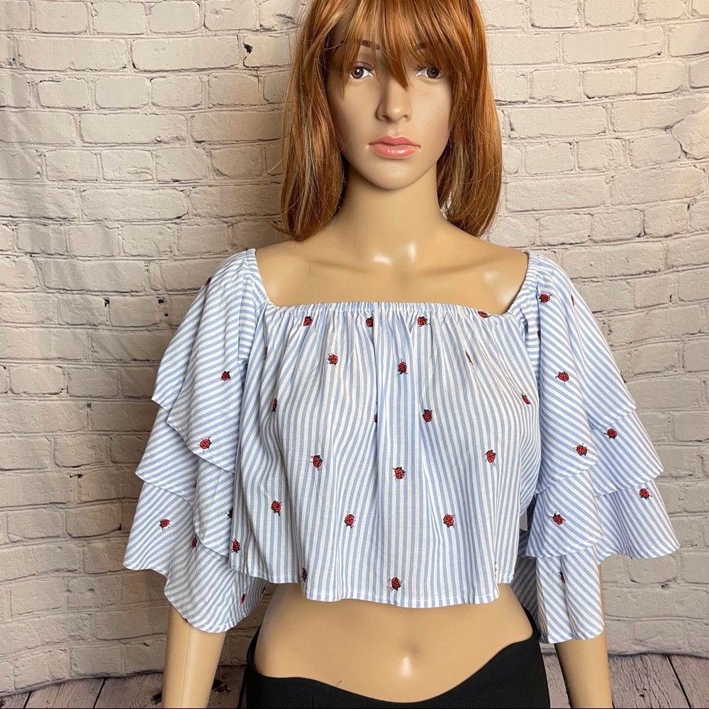 Other NWT New Olivaceous Off Shoulder Crop Top Striped Embroidere Size L / US 10 / IT 46 - 2 Thumbnail