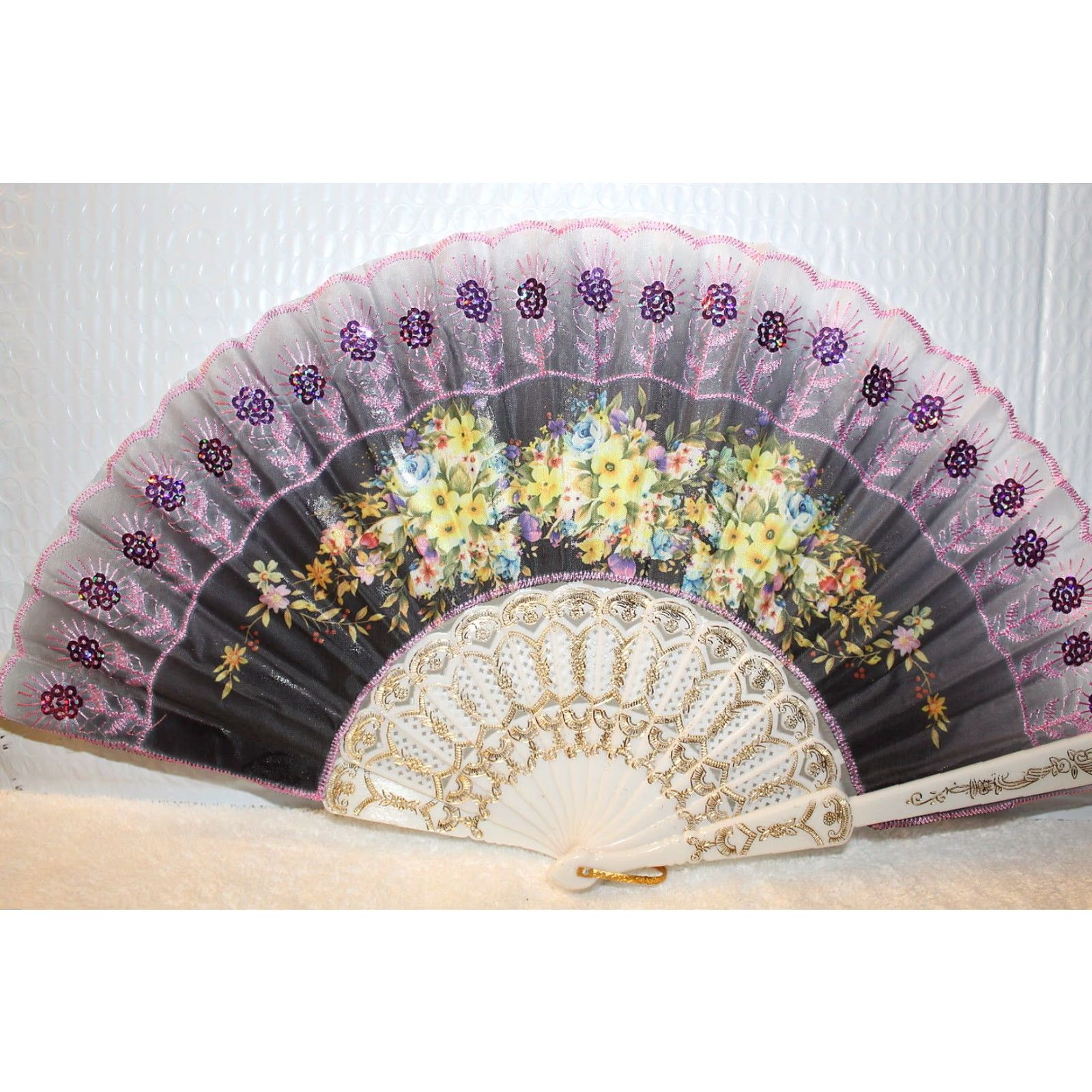 Vintage Vintage Hand Fan Small Flowers Sequin Decor Women Girls Accessories 16 Inch Size ONE SIZE - 2 Thumbnail