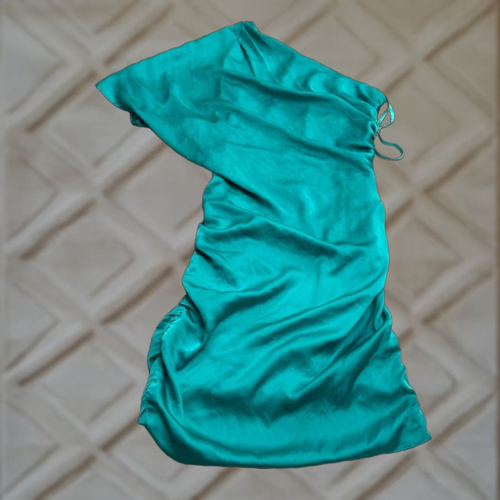 AQUA Aqua Satin Asymmetric Mini Dress Womens 2 Green Ruched Party Dress Short Sleeve One Shoulder Bodycon Pencil Dress Size XS / US 0-2 / IT 36-38 - 1 Thumbnail