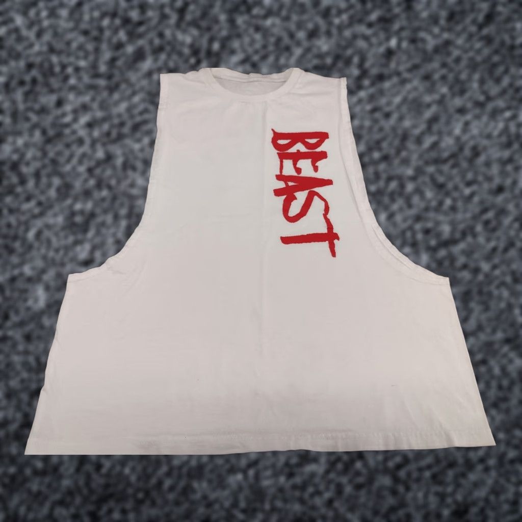 Vintage BEAST Sleeveless White Training Shirt XL "Beast" Men Tank Athletic Pullover Canvas 100% Cotton Easy Care Size US XL / EU 56 / 4 - 1 Thumbnail