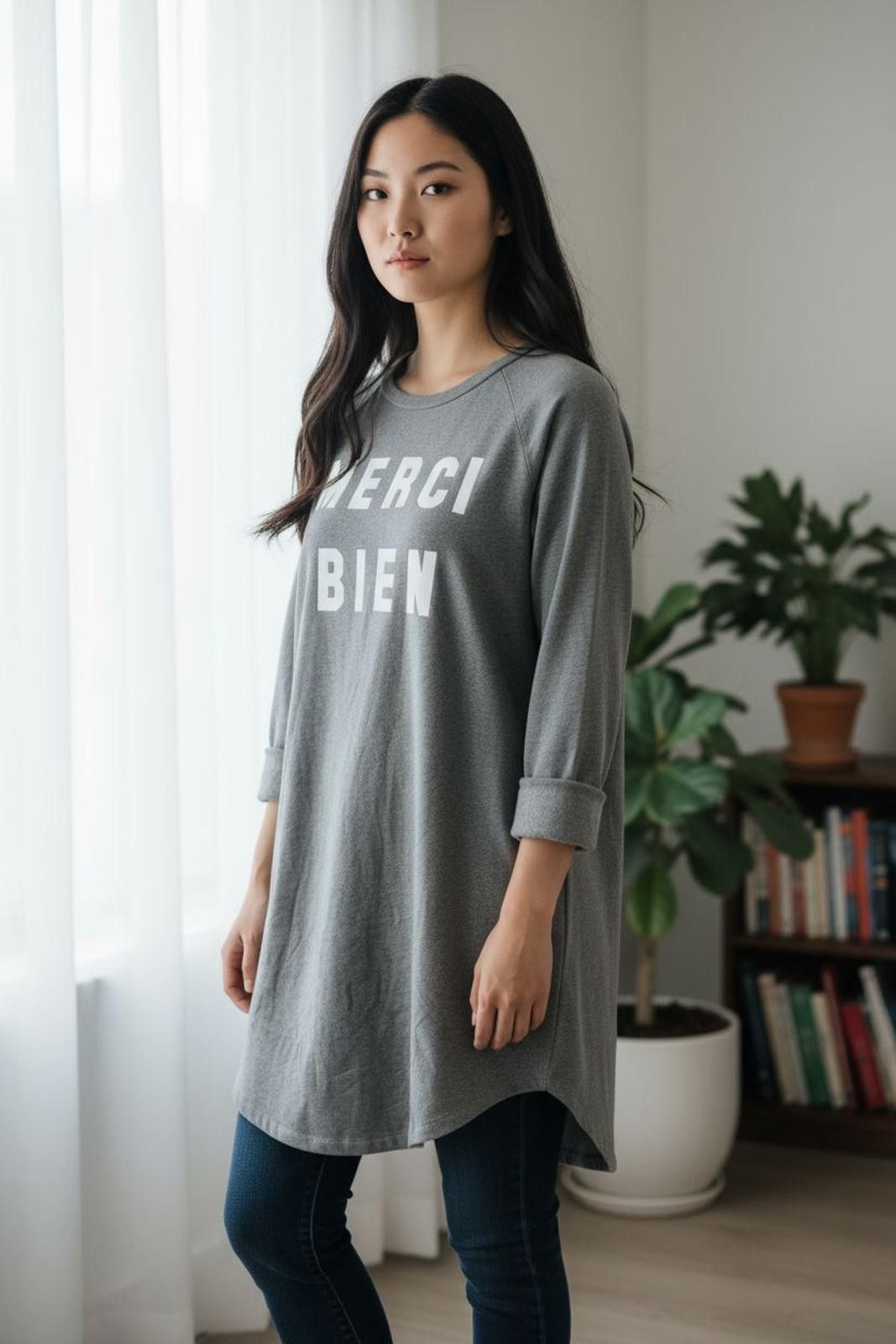 Forever 21 Forever 21 Grey Long Sleeve Dress with 'MERCI BIEN' Print Size S / US 4 / IT 40 - 2 Thumbnail