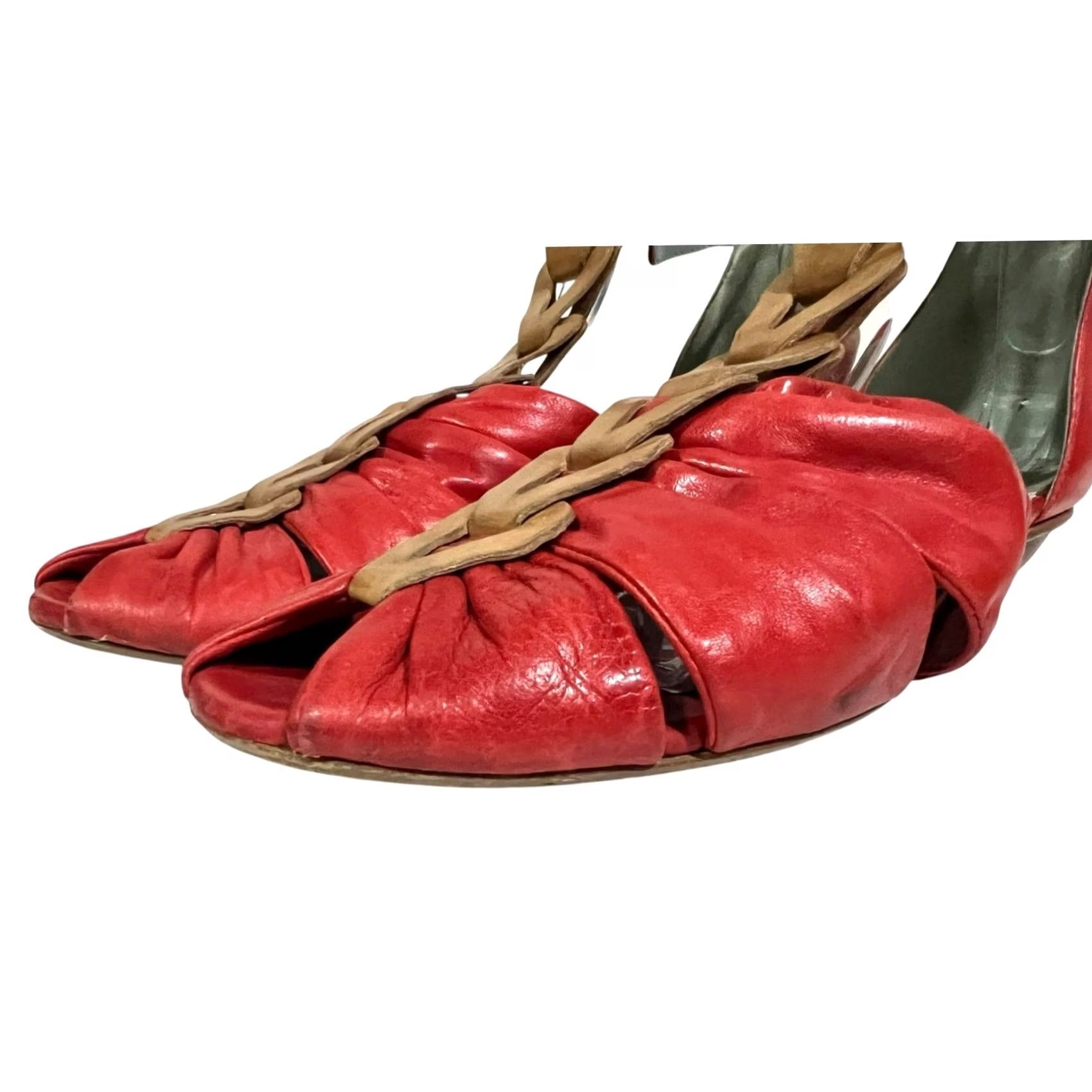 Vintage Everybody by B.Z. Moda Sandals Womens EU 40.5 Red & Tan Leather Ankle Buckle Heel Sandal Shiny Strappy Party/Cocktail Shoes Size US 10 / IT 40 - 5 Thumbnail