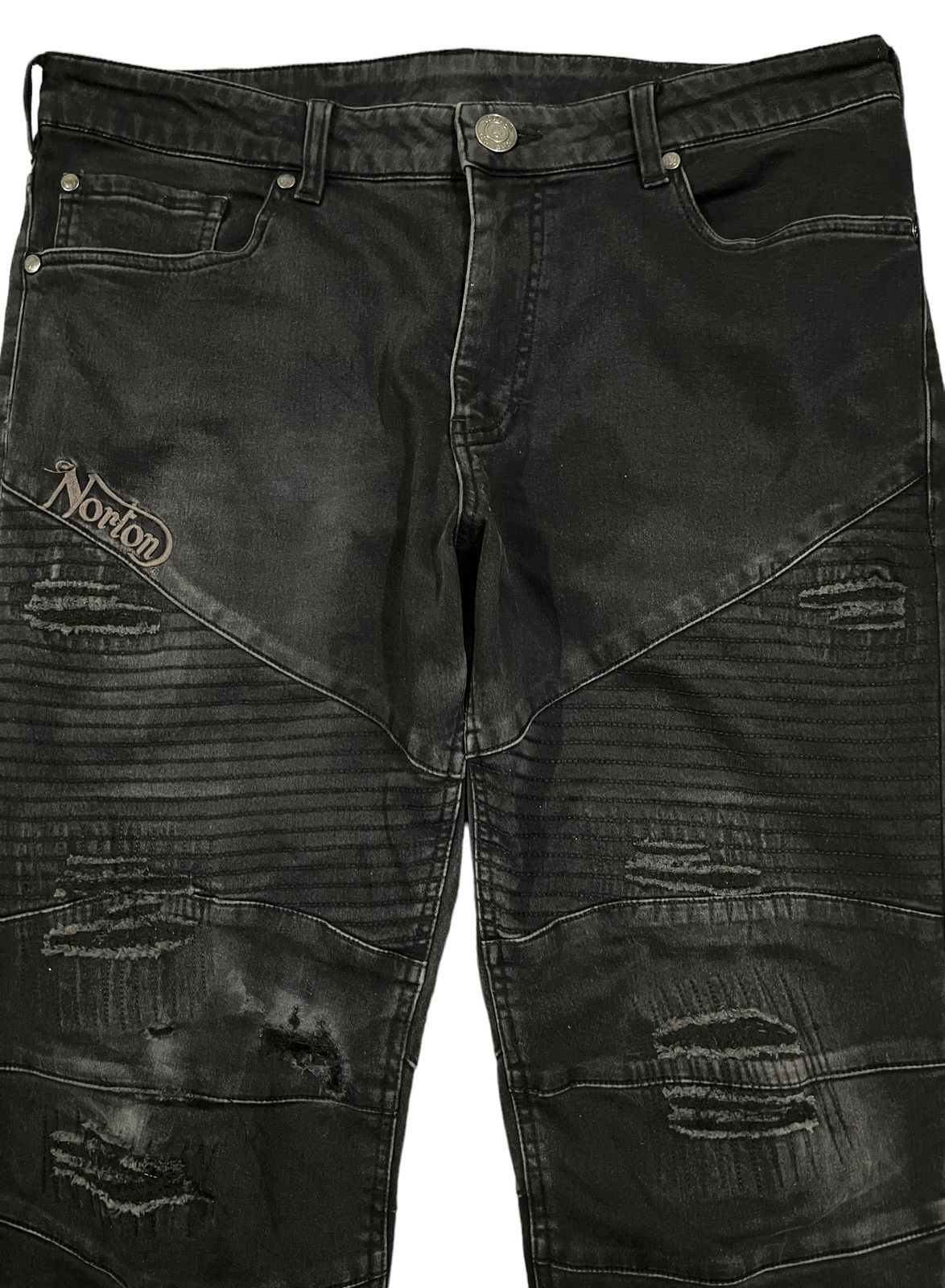 14th Addiction Vintage Norton Motorcycle Distress Style Biker Jeans Size US 36 / EU 52 - 3 Thumbnail
