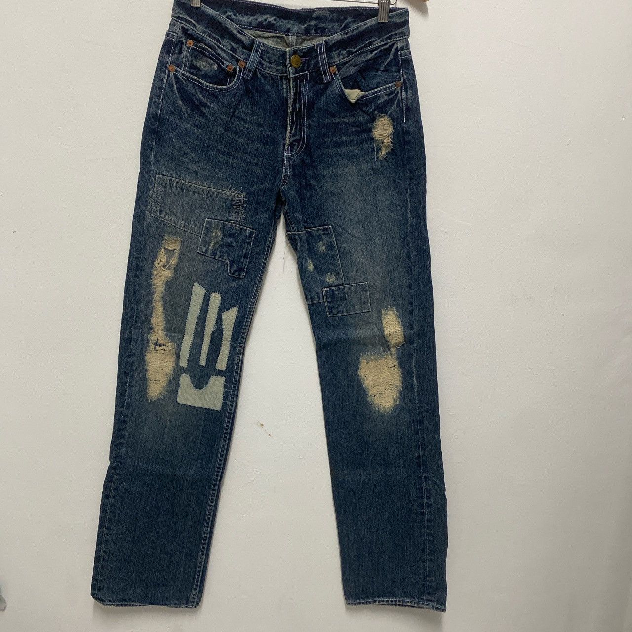 image of Avant Garde x Distressed Denim Takeo Kikuchi Boro Sashiko Jeans Distressed Denim in Blue (Size 30)