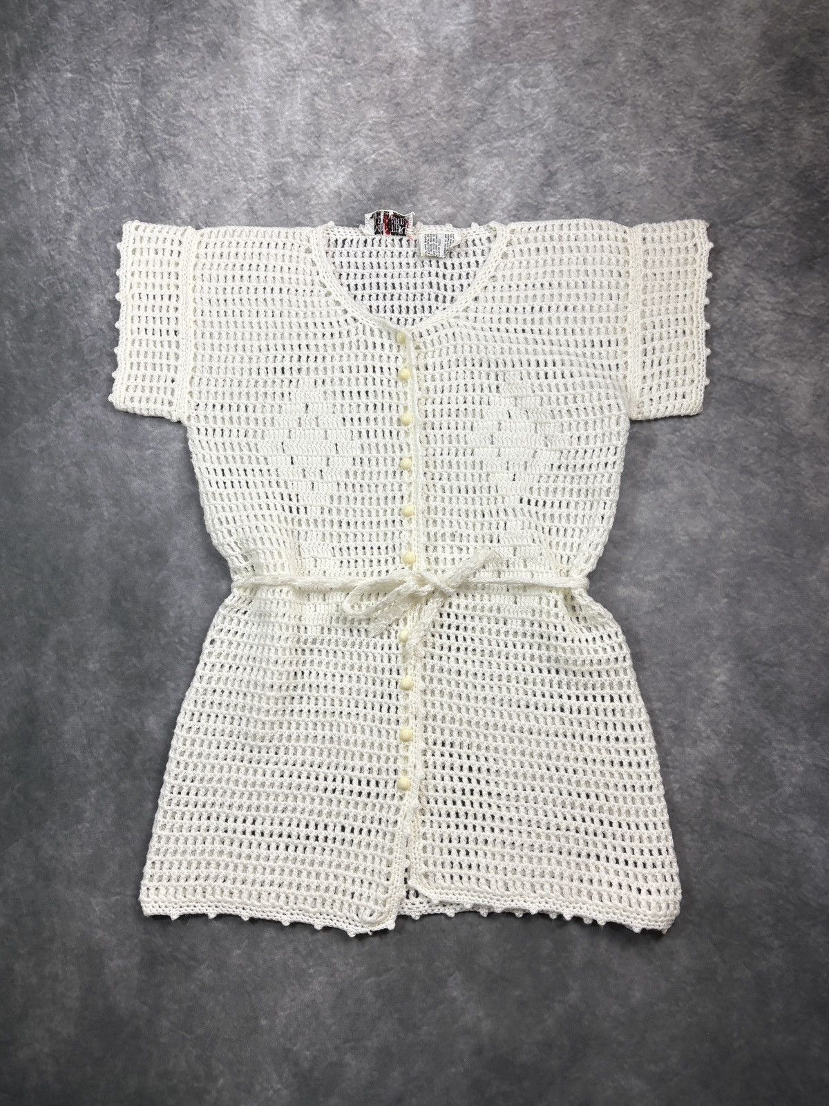 Vintage 1970s Vintage Belted Shortsleeve Loose Knit Shirt Crochet 70 Size S / US 4 / IT 40 - 1 Thumbnail