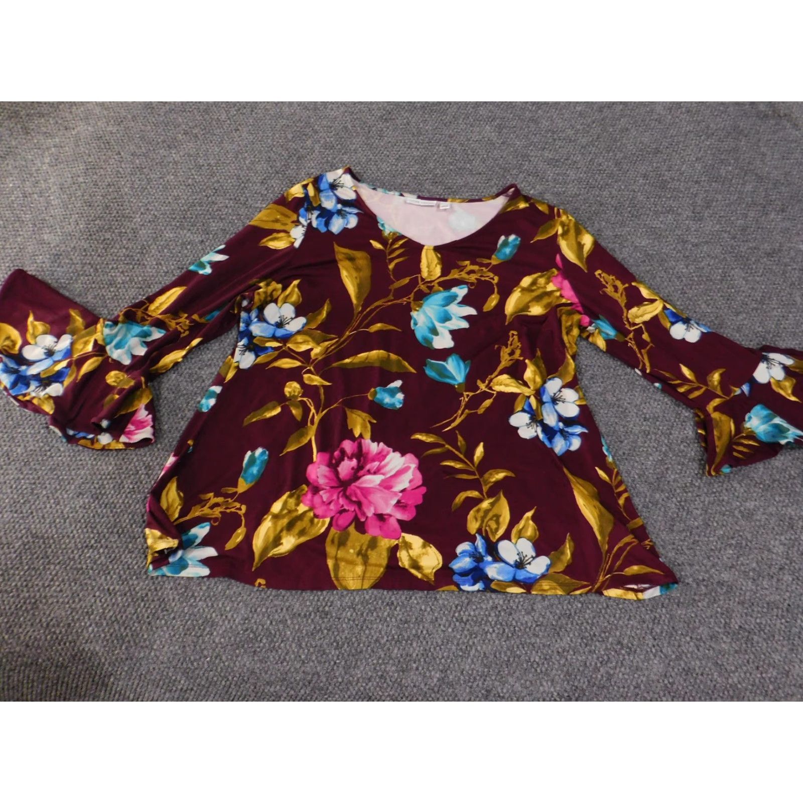 Vintage Susan Graver Shirt Womens XL Burgundy Floral Bell Sleeve Stretch Top Blouse Boho Size XL / US 12-14 / IT 48-50 - 2 Thumbnail