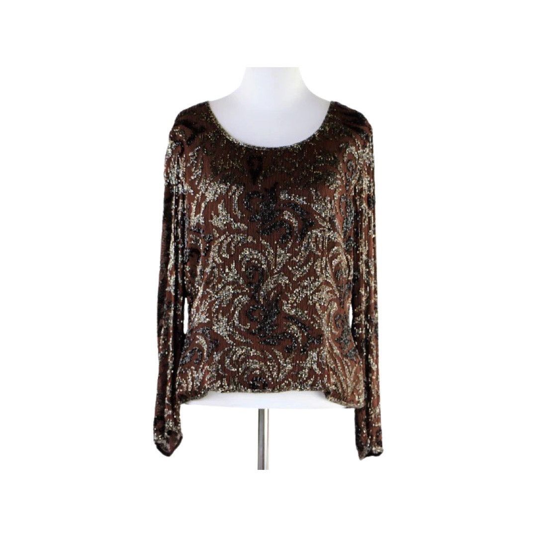 Vintage Frank Usher Sequin Top Brown Black Beaded Silk Blouse Medium Size M / US 6-8 / IT 42-44 - 2 Thumbnail