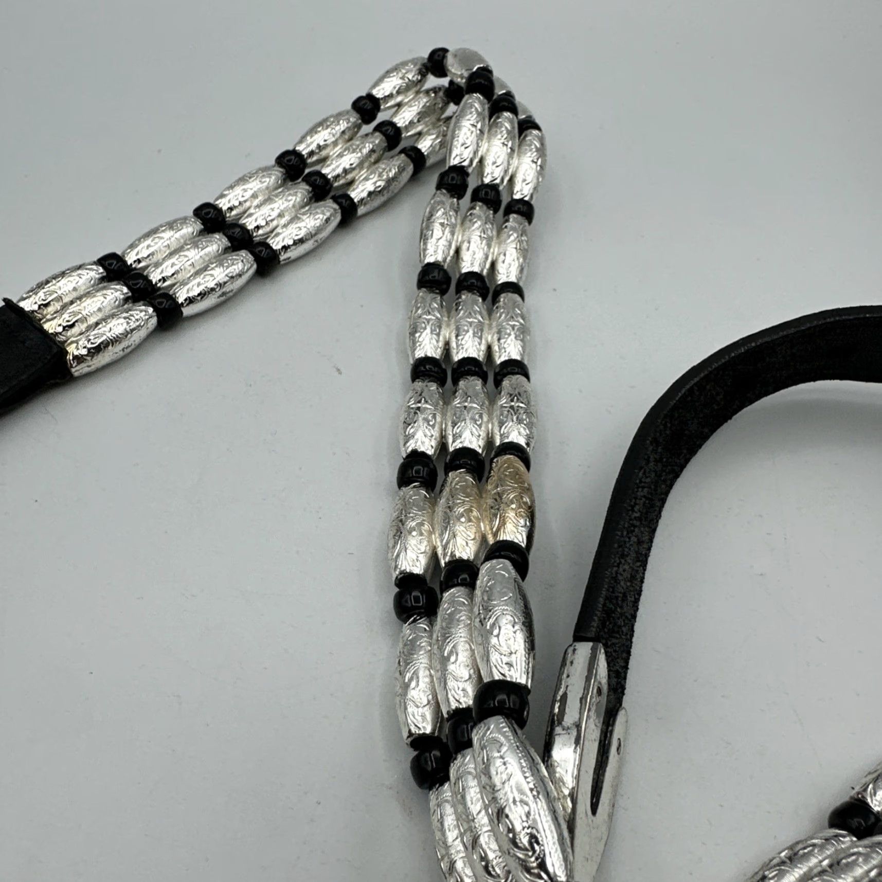 Vintage VINTAGE Nadine Belt Western Leather LACED 1990s Women Black Silver Links 30” Glam Rock Mens? (Oops) Size ONE SIZE - 6 Thumbnail