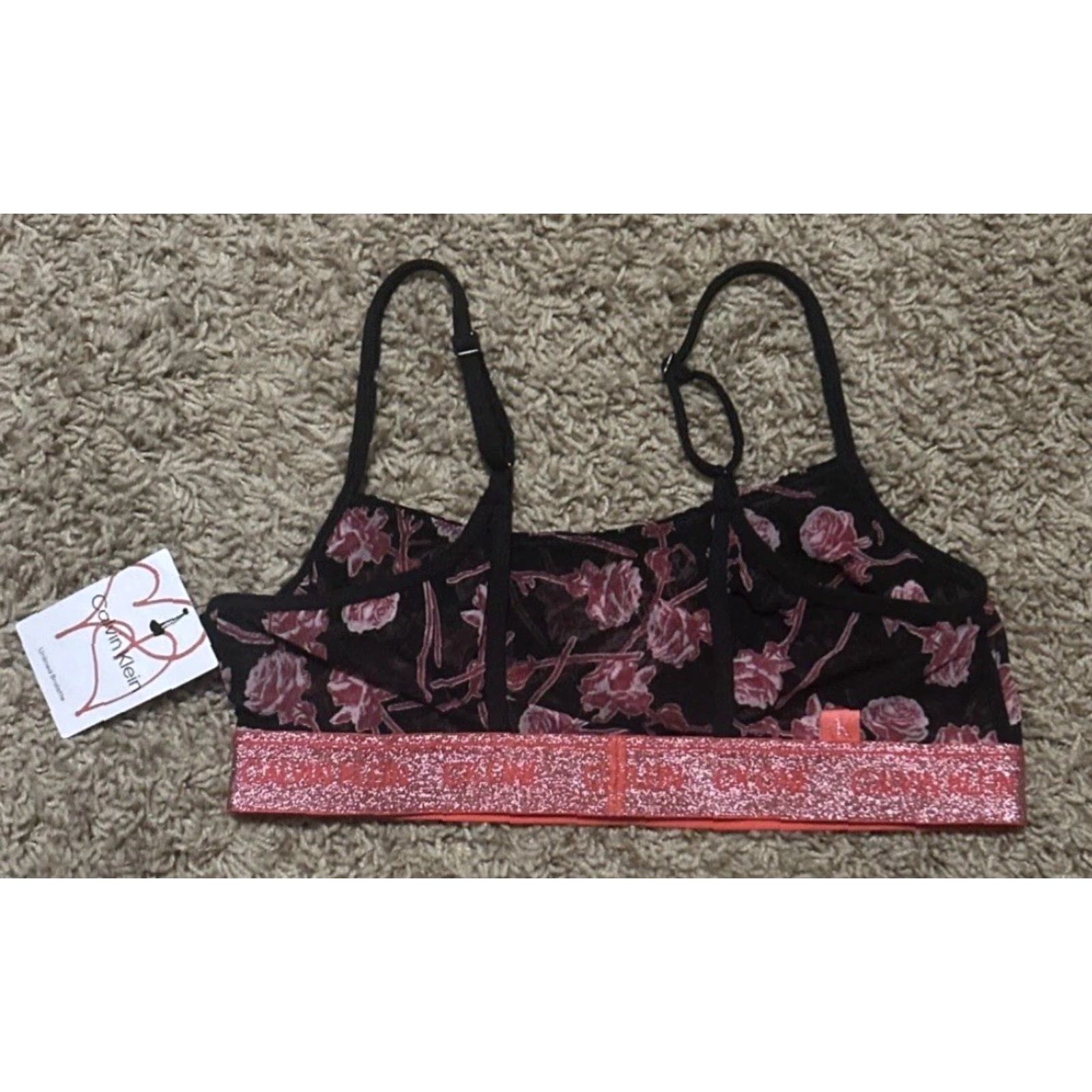 Calvin Klein Calvin Klein Bralette Bra S Unlined Adjustable Pullover Black Roses NWT Multicolor Floral Lightweight Sheer Strap Women XS-? Size ONE SIZE - 5 Thumbnail