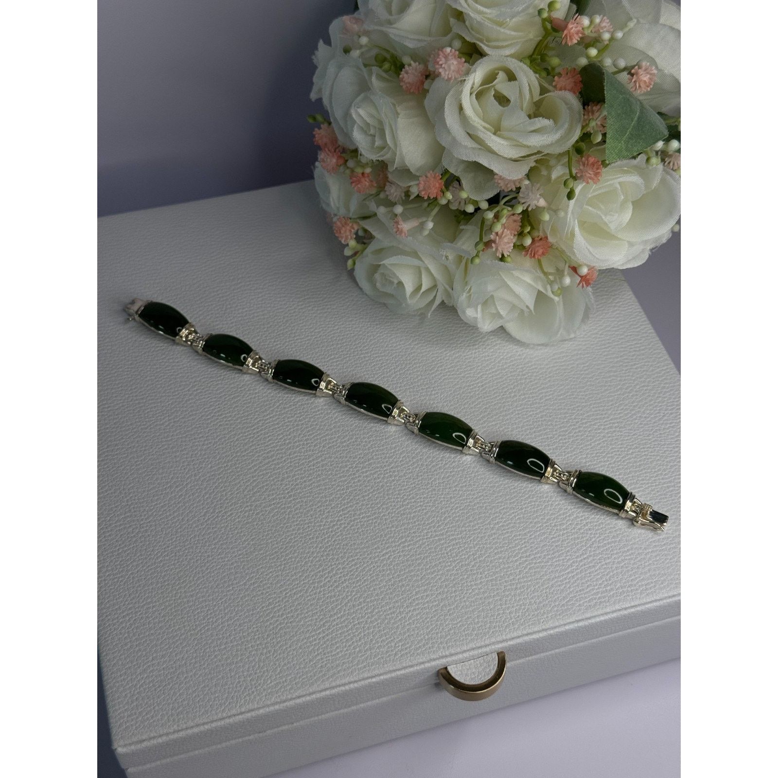 Jewelry 925 STERLING SILVER GREEN NEPHRITE BRACELET LENGTH 7.5 Size ONE SIZE - 11 Thumbnail