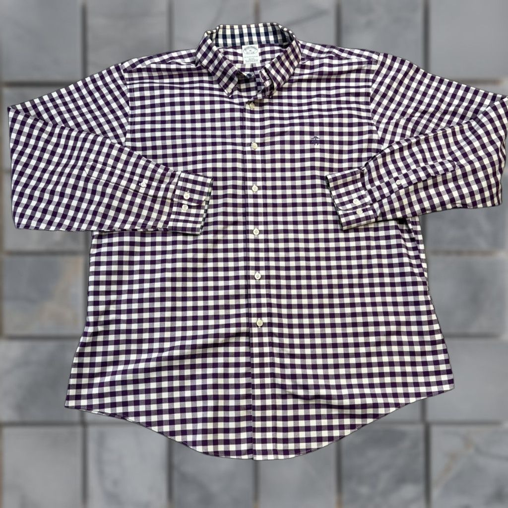 Brooks Brothers Brooks Brothers Shirt Mens XL Slim Button-Down Purple Gingham Check Oxford Tie-Down Size US XL / EU 56 / 4 - 1 Thumbnail
