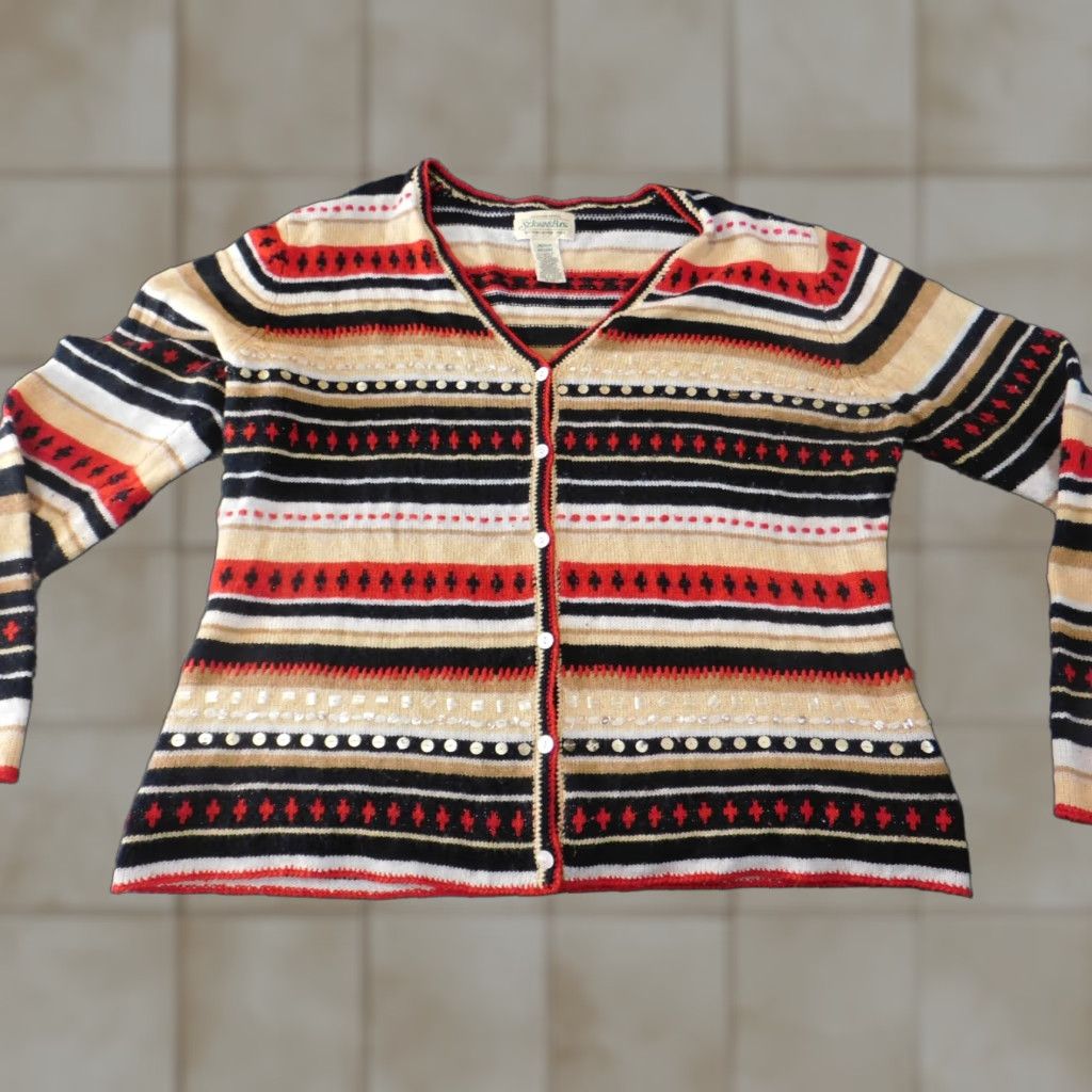Vintage St.Johns Bay Sweater Womens Medium Beige Wool Striped Button Stretch Pullover Knit Vintage No Size M / US 6-8 / IT 42-44 - 1 Thumbnail