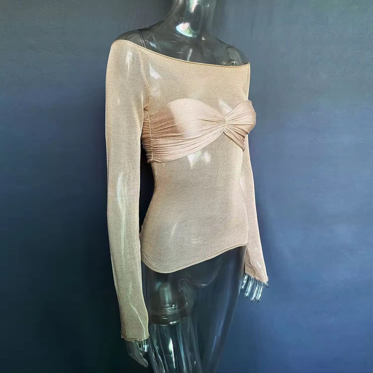 Japanese Brand Chic Mesh Long Sleeve Top - Knot Front, Stylish Size S / US 4 / IT 40 - 2 Thumbnail