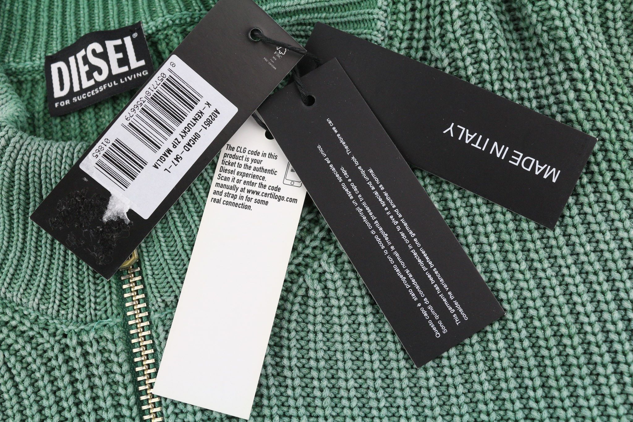 Diesel K-KENTUCKY ZIP L Washed Crew Knit Green Jumper 40133 Size US L / EU 52-54 / 3 - 6 Thumbnail
