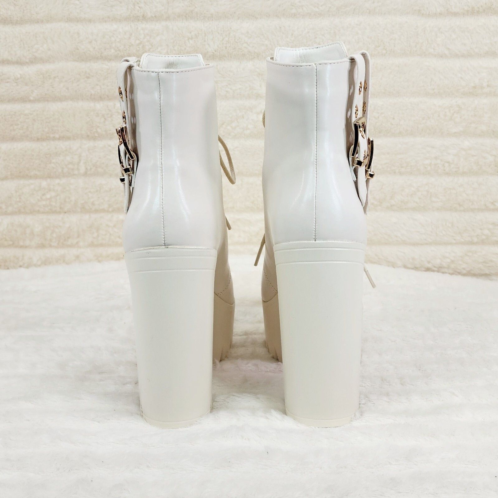 Other Linda Off White Chunky Block Heel Lave Up Ankle Boots Brand Size US 7 / IT 37 - 3 Thumbnail