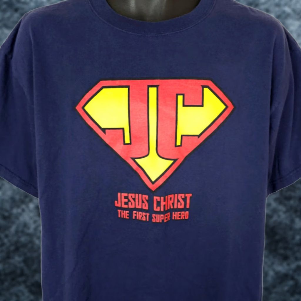 Delta VINTAGE Delta T Shirt Mens L Blue Christian Jesus Christ Hero Y2K Super Church Theme God Bible Parody Shirt Mens Size US L / EU 52-54 / 3 - 1 Thumbnail