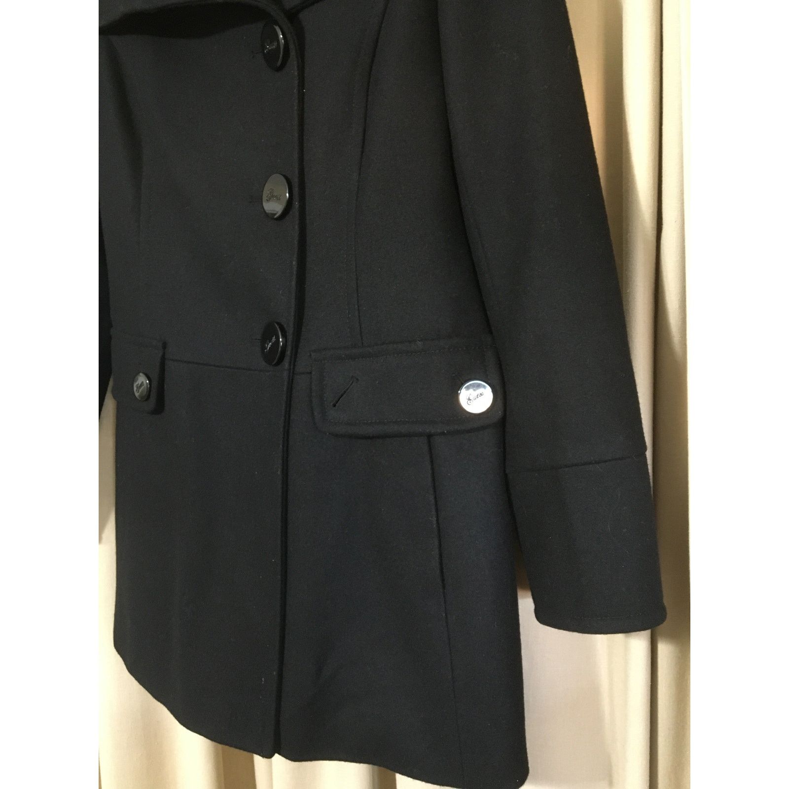 Guess Guess Large Wool Blend Black Lined Pea Coat Gold Embroidery Size L / US 10 / IT 46 - 3 Thumbnail
