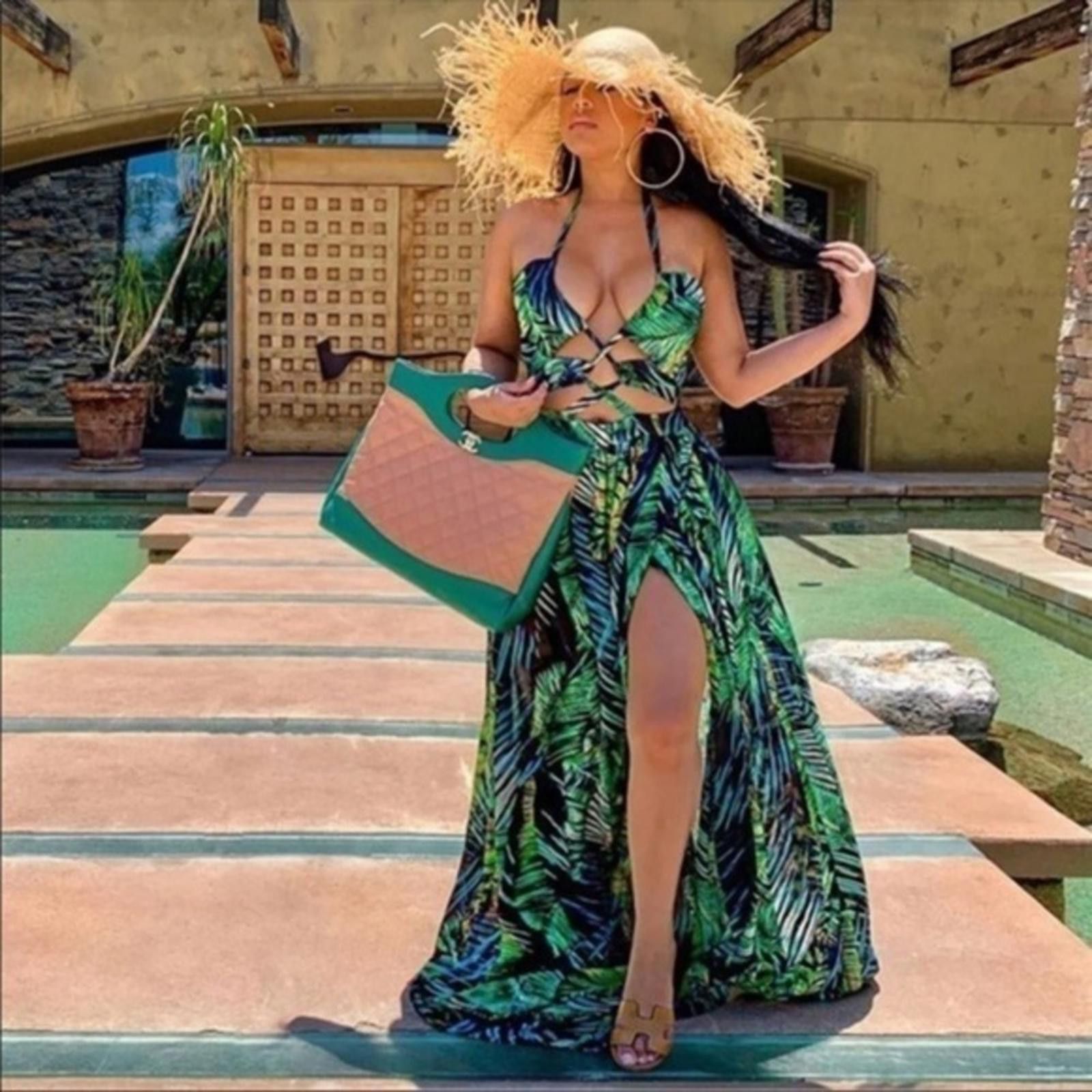Designer Palm Tree Maxi Dress Side Slit Coord Set NWT Size M / US 6-8 / IT 42-44 - 1 Thumbnail