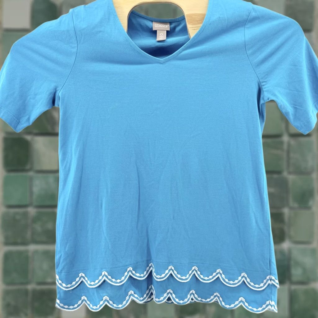 Vintage VINTAGE Chicos Shirt Small Blue Scallop Hem Embroidered Cotton Top Size XS / US 0-2 / IT 36-38 - 1 Thumbnail