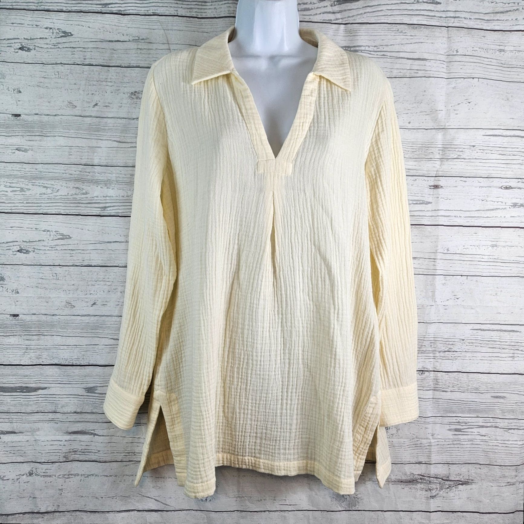 Soft Surroundings Soft Surroundings Blouse Shirt Womens Long Sleeve Ivory Cotton Size M Gauge: Gauze Solid Vintage: No Size M / US 6-8 / IT 42-44 - 2 Thumbnail