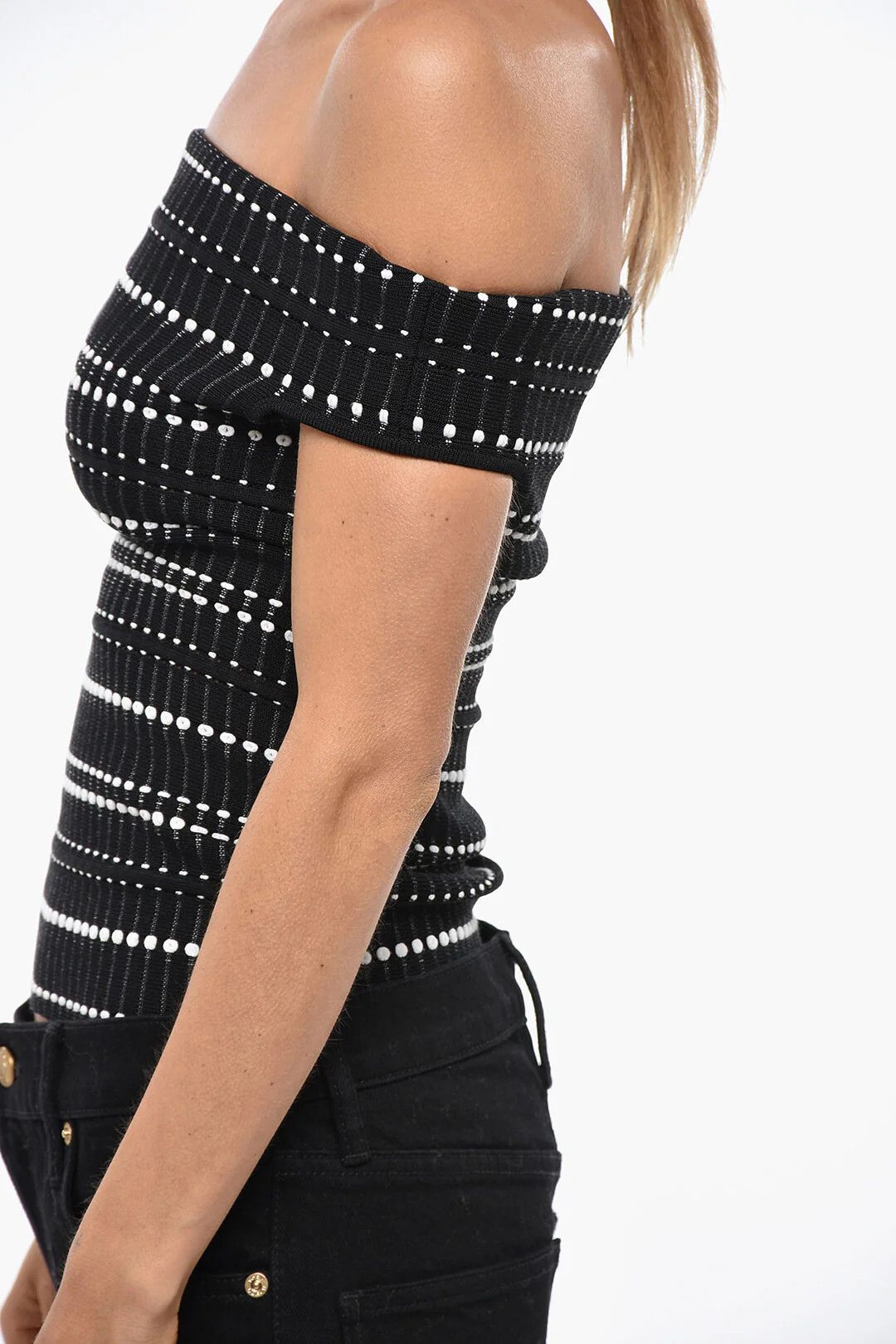 Alexander McQueen og1mm0426 Stretch-Knit Off-Shoulder Top in Black & White Size S / US 4 / IT 40 - 2 Thumbnail