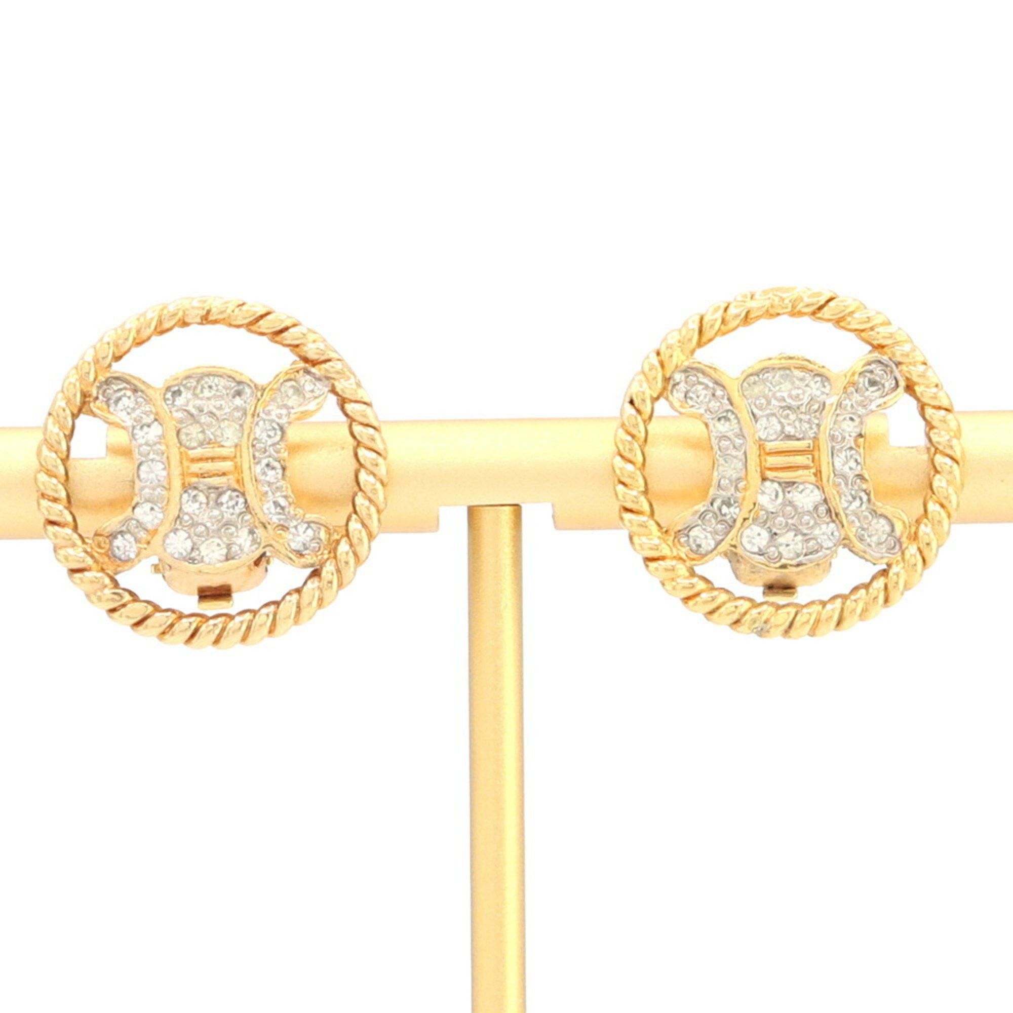 image of Celine Triomphe Earrings Gold Metal Rhinestone Ear Macadam Old Classic Crystal Round, Women's