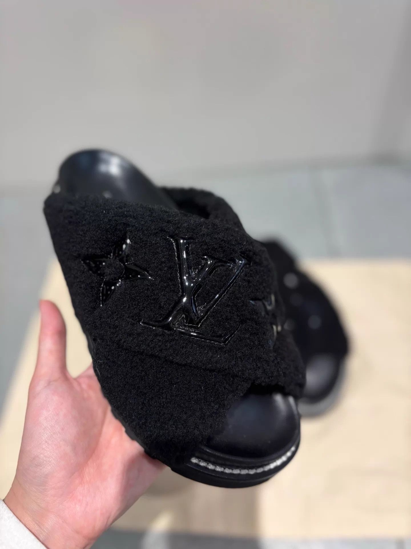 Louis Vuitton LV Teddy Fur Black Full Monogram Slippers 99 New Size 36 Size US 5.5 / IT 35.5 - 3 Thumbnail