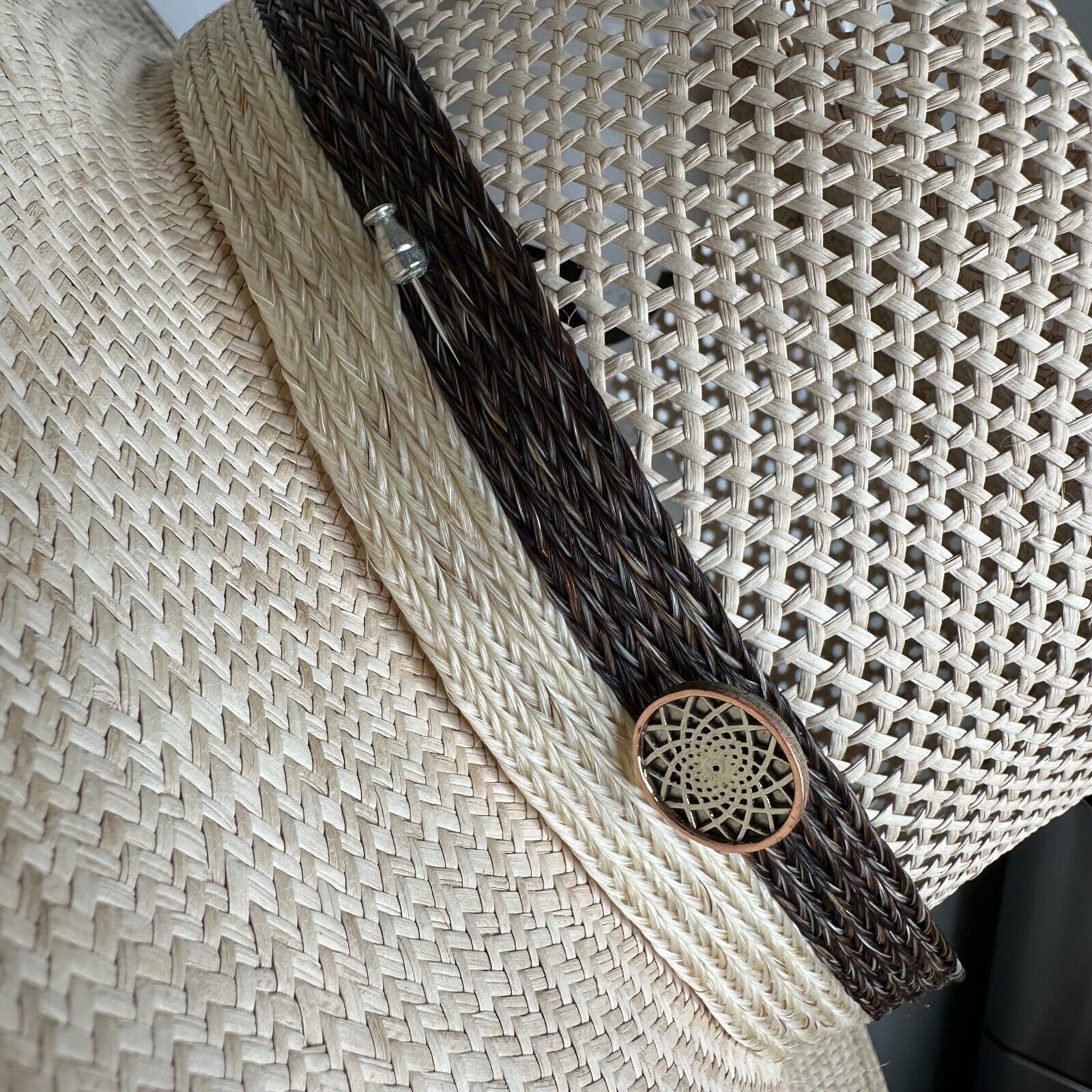 Temple Tan & Brown Basket Weave Rattan Wide Brim Hat Embellished Dark Brown Band Temple Basket Weave Rattan Wide Brim Embellished Brown Band main image 2
