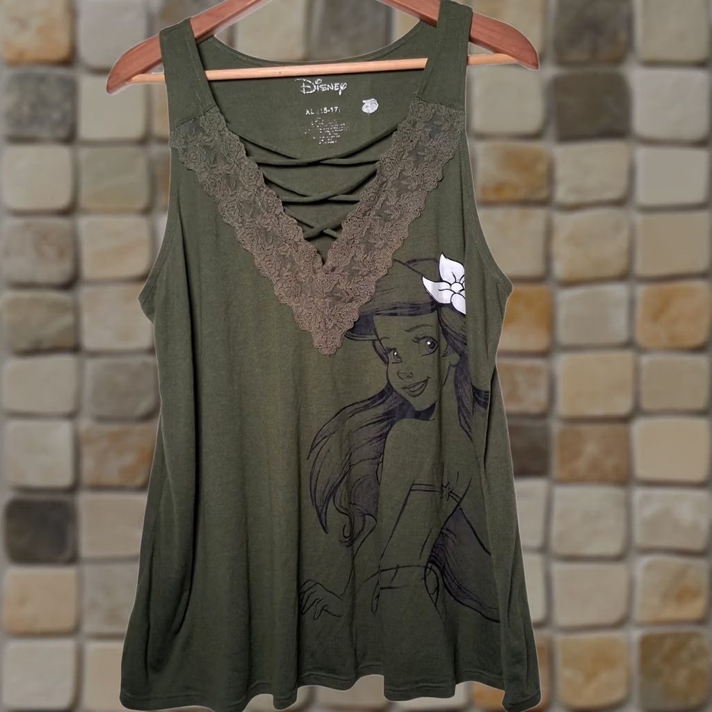 Disney Disney Little Mermaid Tank Top Juniors XL Princess Ariel Lace Trim V Neck Y2K Green Size XL / US 12-14 / IT 48-50 - 1 Thumbnail