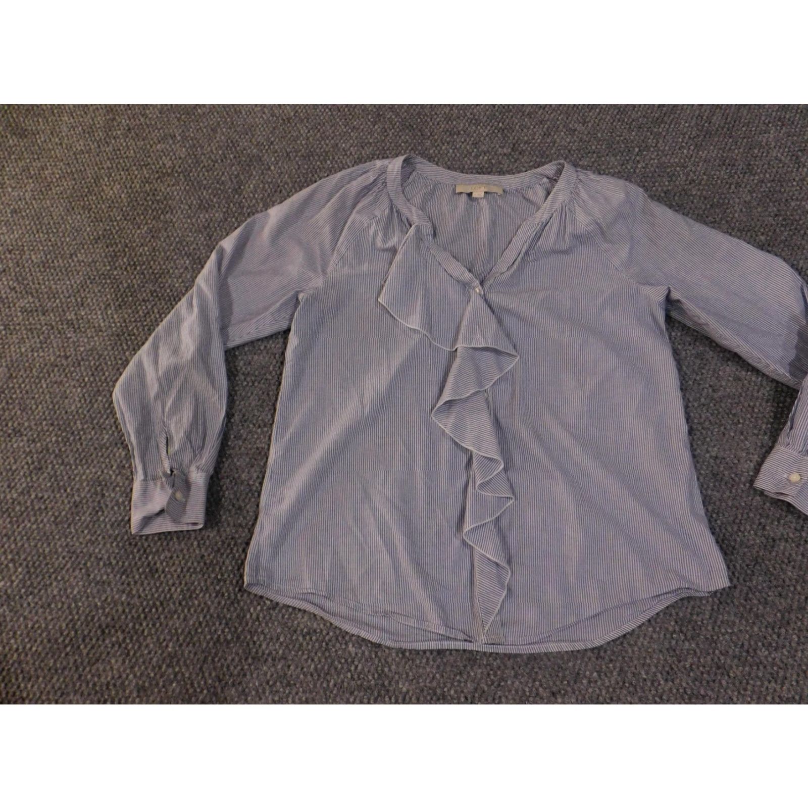 Loft LOFT Ann Taylor Shirt Blouse Womens Small Blue White Stripe V-Neck Long Sleeve Raglan Sleeve, 100% Cotton, Ruffle Accents, Button Cuffs, Curved Hem Size S / US 4 / IT 40 - 3 Thumbnail